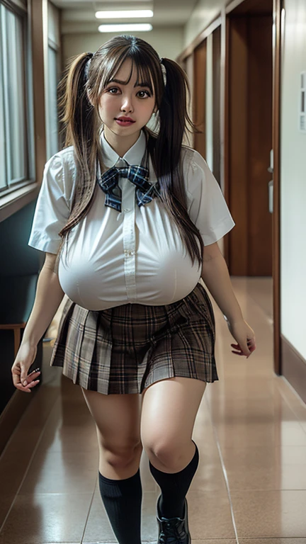 Sexy school girl in a short skirt and tights, Photo Real,Very large breasts、Skirt flipped up、I can see her white panties