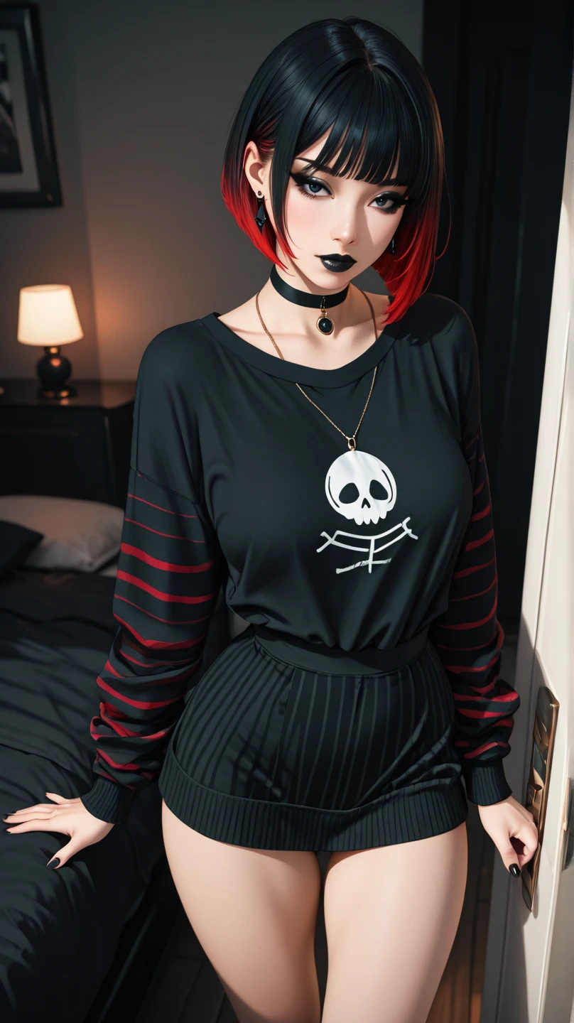 (medium full shot) of (enigmatic emo girl) young woman, curvy build, medium hazel retro hair, persian, tan skin, brown eyes, wearing a black graphic tee, striped leggings with grunge look, vans with skull prints, dark red lipstick, smoky eyeshadow, heavy eyeliner, beanie choker necklace, set in  a cozy bedroom, with warm lighting, dark-themed bedding, personal touches, and scattered books , during a storm, woman smiling, detailed face, ,Masterpiece,best quality, raw photo, realistic, very aesthetic