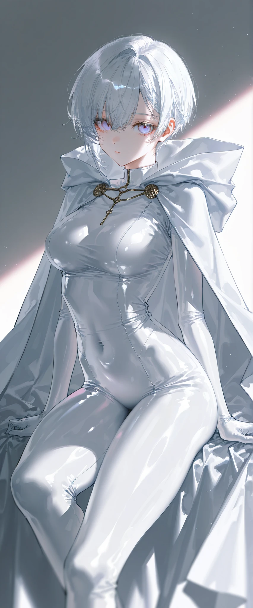 best quality, masterpiece,white hair, gold eyes,white clothes, small breasts, detailed eyes, looking up, upper body,hair strand,Fair skin,side braids