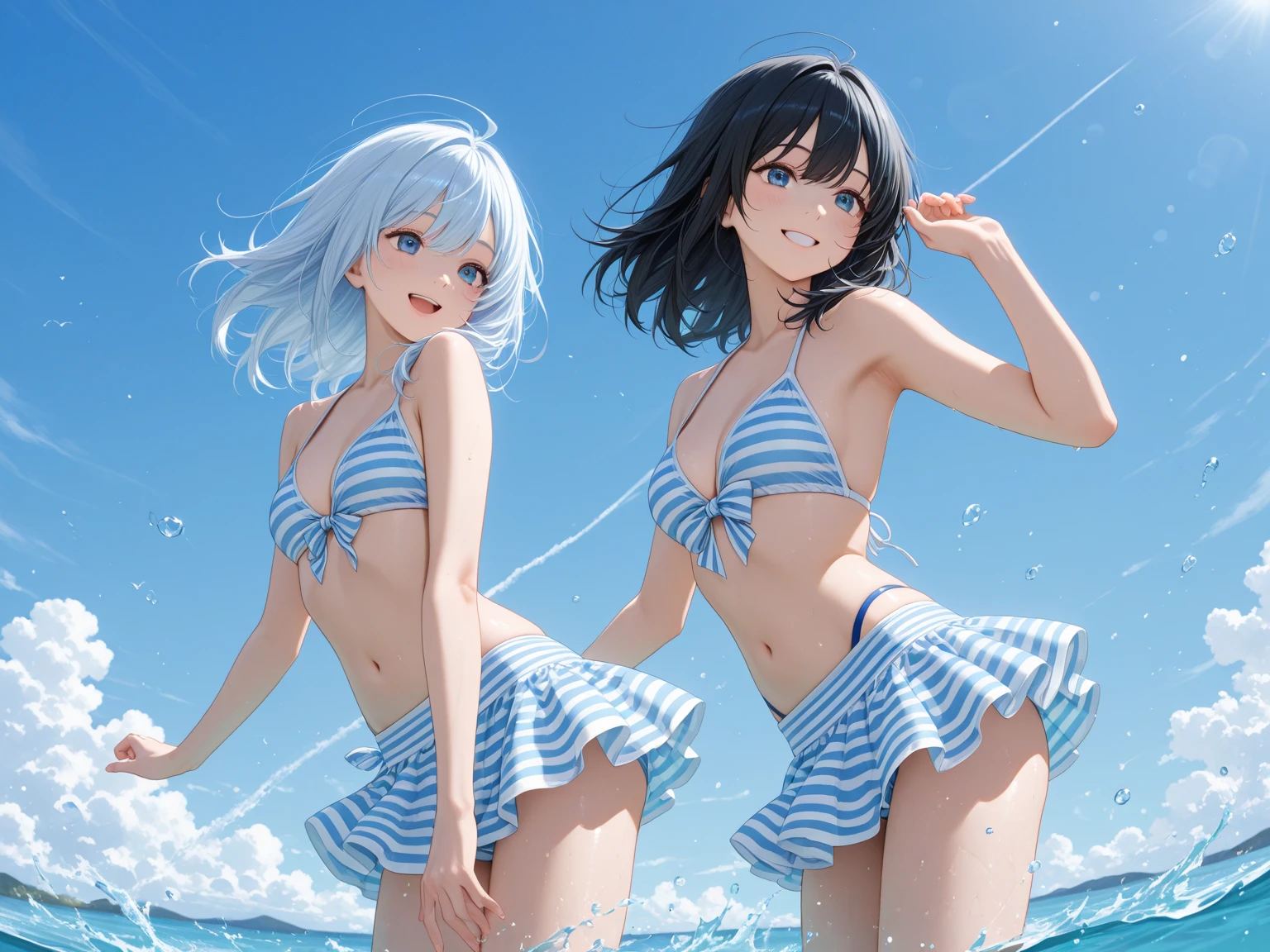 (Sky blue medium hair),(Braided hair tied together)、Pink eyes、Fair skin、(whole body)、(One Girl)、Black frilly swimsuit、Stylish sunglasses、Shining white sand beach in midsummer、Okinawa's ocean、A happy smile、、(masterpiece、Highest quality、Very detailed、Best Shadow)、(Detailed Background)、(Beautifully detailed face)、High contrast、(Best lighting、Very delicate and beautiful)、((Cinematic Light))、colorful、Hyper Detail、Dramatic Light、Exquisite detail、Standing with your legs apart