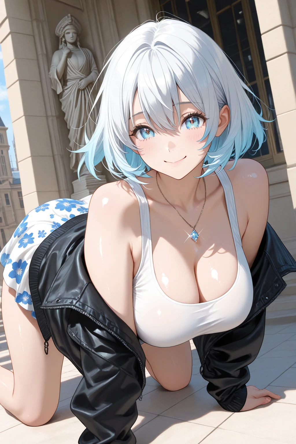 Quality; (((masterpiece))), (((best quality))), ((ultra-detailed)), ((an extremely delicate and beautiful)),((perfect anatomy:1.3),illustration,emphasizing beautiful body lines,nsfw,(more_details:0.5),
Settings; 1girl,solo focus,public indecency,(((fashon model))),sexy,
Character;,
Body;collarbone,cleavage,slender body,slim body,sweat drop,shiny body,
Skin;beautiful skin,wet oily skin,glossy skin:1.2,shiny skin,pale skin,
Eyes; (beautiful detailed eyes),possessing captivating eyes,
Face; smile,embarrassed:1.4,blush,smirk,
Hair; beautiful detailed hair,short hair,white hair,blunt bangs,
Clothe;(collar),kimono,bare shoulder,geta,bare foot,
Composition; (depth of field),(full body shot),
Background;perfect lighting,out door,Scramble Crossing, (midnight city),
Pose; (sexy pose),wariza,