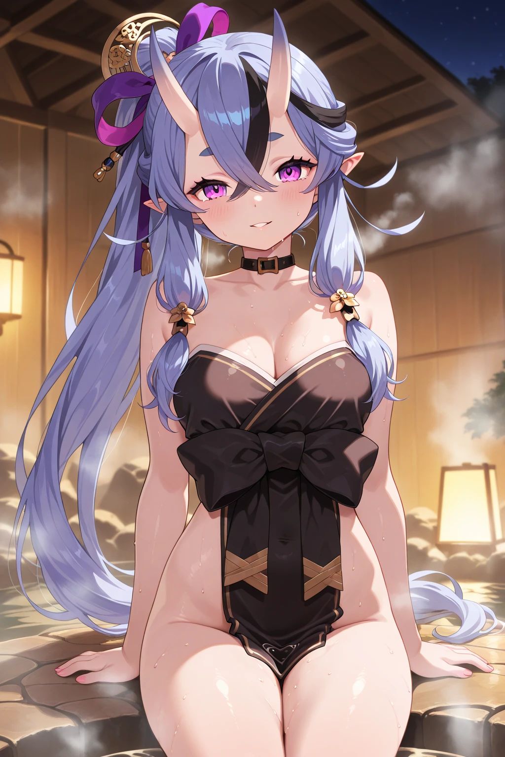 (masterpiece, best quality), best quality, (ultra-detailed), (3heads:1.5), 1girl, (nagae iku:1.3), masterpiece, best quality, white and red top, crop top, ((stomach)), midriff, ((groin)), black skirt, normal ears, shackles, light indigo hair, very long hair, wavy hair, sidelocks, red eyes, parted lips, single horn, sweat, cute, toned belly, hand on own chest, eyelashes, (23 year old woman:1.3), (masterpiece:1.5), (best quality:1.5), (beautiful detailed, extremely detailed CG, extremely delicate and beautiful, depth of field, (finely detailed face), (perfect details:1.2), (mature female:1.3), wide pelvis, slender, large veiny breast, 8k resolution, very high quality, very high definition, extremely detailed, masterpiece, light indigo hair, long hair, alluring presence, braid, short skirt, close up, big tits, young, hairband, black hat, red bow,