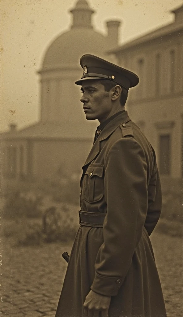 "Compose a poignant monochromatic daguerreotype-style portrait of a young, handsome soldier, aged around 25. He stands solemnly behind his family's weathered home, which bears scars from the Civil War. Soft, diffused lighting casts gentle shadows, emphasizing his strong, dignified stance amidst the ruins. Pose him with one hand resting on a broken fence post, wearing a worn but distinguished military uniform of the era. Frame the portrait tightly from the waist up, capturing his determined gaze and the subtle emotions etched on his face. Convert the image to sepia-toned monochrome, carefully enhancing textures to replicate the tactile feel of a daguerreotype. Incorporate a delicate border around the image, reminiscent of the brass mat typical of historical photographs. Ensure every detail conveys the resilience and sacrifice of a soldier shaped by the trials of war, preserving a powerful moment in history through the lens of early photographic artistry." Selective focus, Muted Colors, [Imperfect skin], real hair movement,