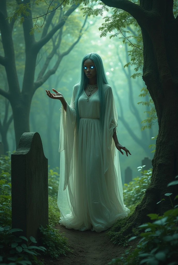 (medium full shot) of (otherworldly ghost) ethereal figure, transparent fading body, fading hands, faintly glowing green eyes, faintly glowing skin, glowing softly, slightly hazy with a spectral light, forlorn, glowing amulet, carrying a bloodstained handkerchief, set in a forgotten graveyard, with crumbling headstones, lingering spirits, an eerie stillness, during a full moon, woman smiling, ,Masterpiece,best quality, photo, realistic, very aesthetic, detailed face,