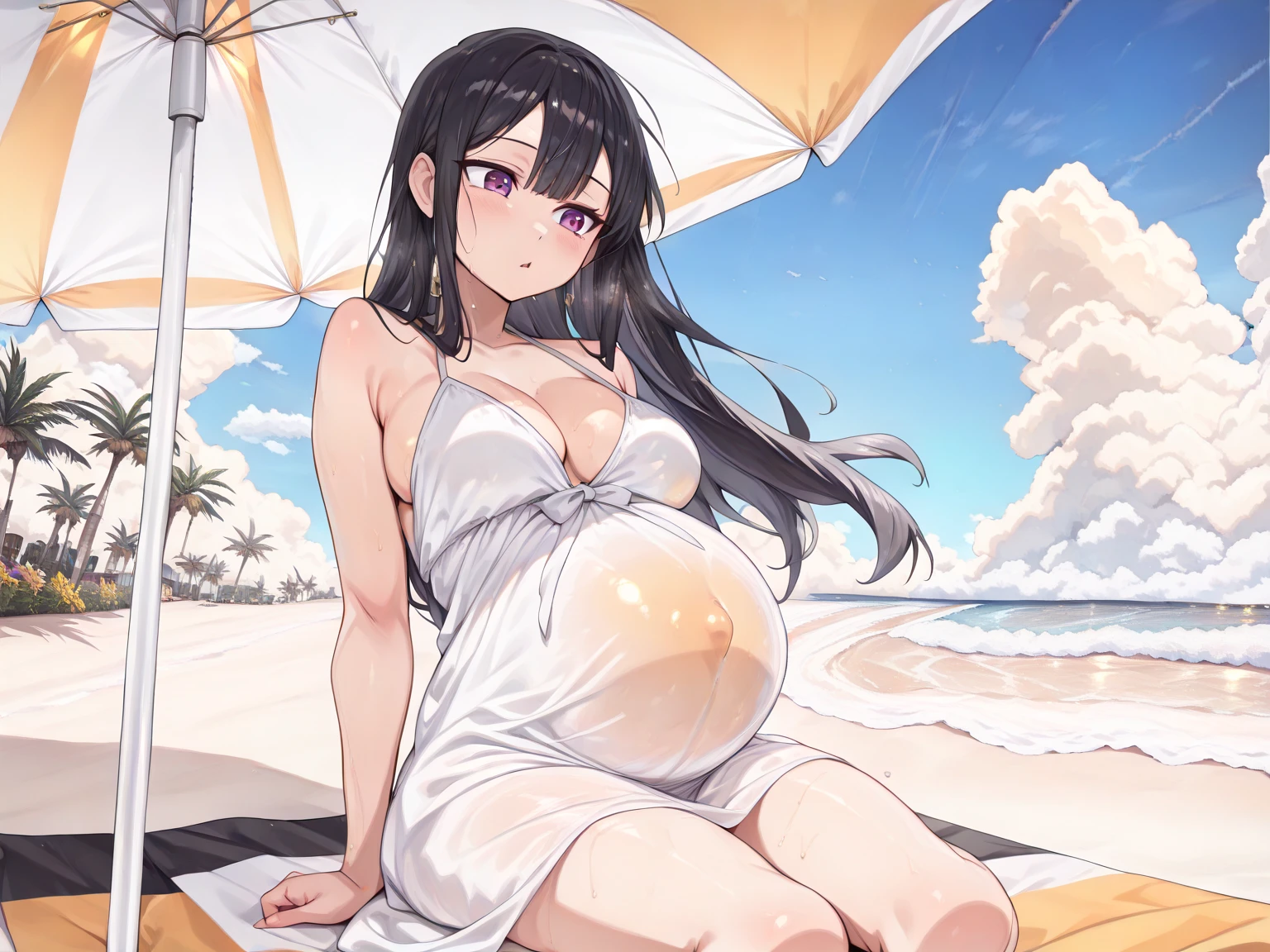 (Anime style illustrations), Beach, Young woman with tanned skin and short hair, Light gray hair,Braidinging, Braiding, Gazing pensively at the sea,Pregnant women, Maternity Dresses