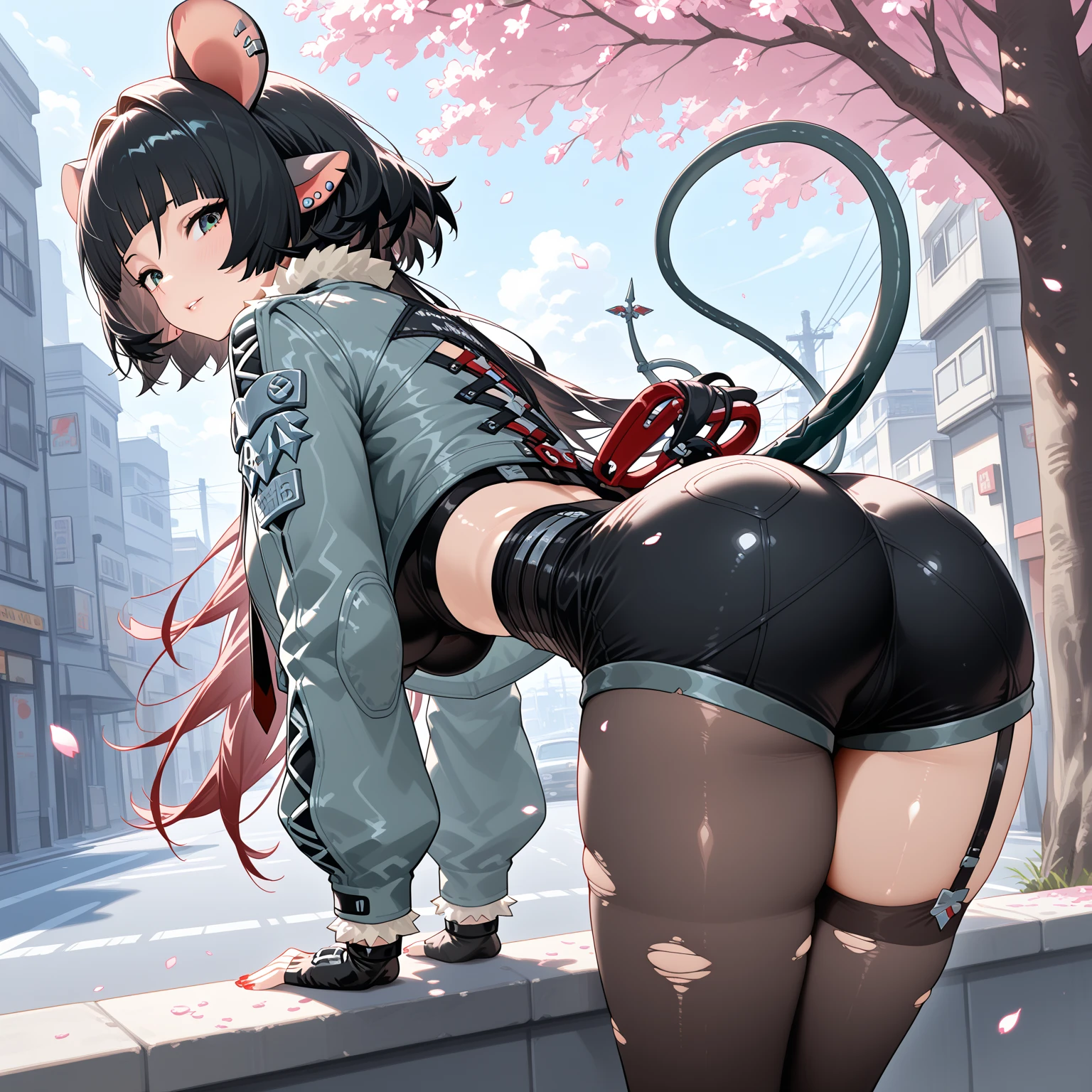 I have white pink hair, cat ears, a bun, my face is super blushing, black glasses, pink heart eyes, a big pink sweatshirt, a black skirt, black stockings, white shoes, a cat's tail, a girl. very shy I am on a fence with my back showing my butt