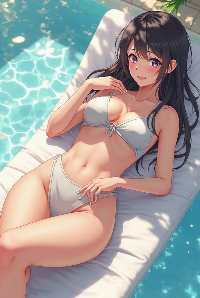Anime,Hinata hyuga with curly hair and huge breasts sits with her legs stretched out, wearing white color bikini,taking a photo
