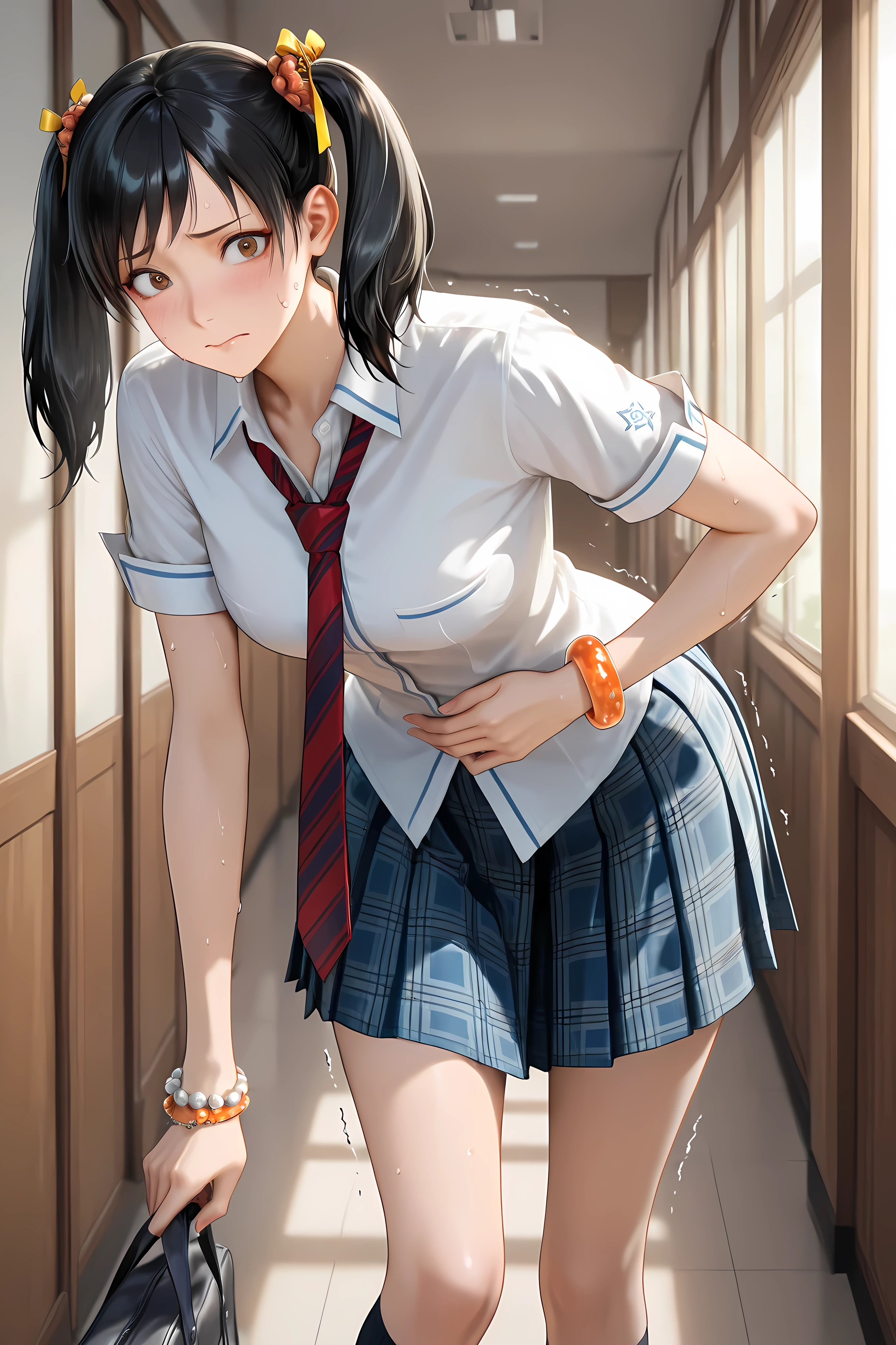 ling xiaoyu, black hair, twintails, yellow hair ribbon, orange hair tie, bangs, brown eyes, school uniform, white shirt, collared shirt, short sleeves, sleeves rolled up, red necktie, striped necktie, untucked shirt, blue skirt, plaid skirt, pleated skirt, orange bracelet, bead bracelet, black kneehighs, loafers,general, masterpiece, highres, ultra-detailed, hyper-detailed, best quality, amazing quality, very aesthetic, best hands, best eyes, best hand, Japanese school hallway
adult woman, 1woman, hand on own stomach, sweat, leaning forward, nervous, scared, trembling legs,