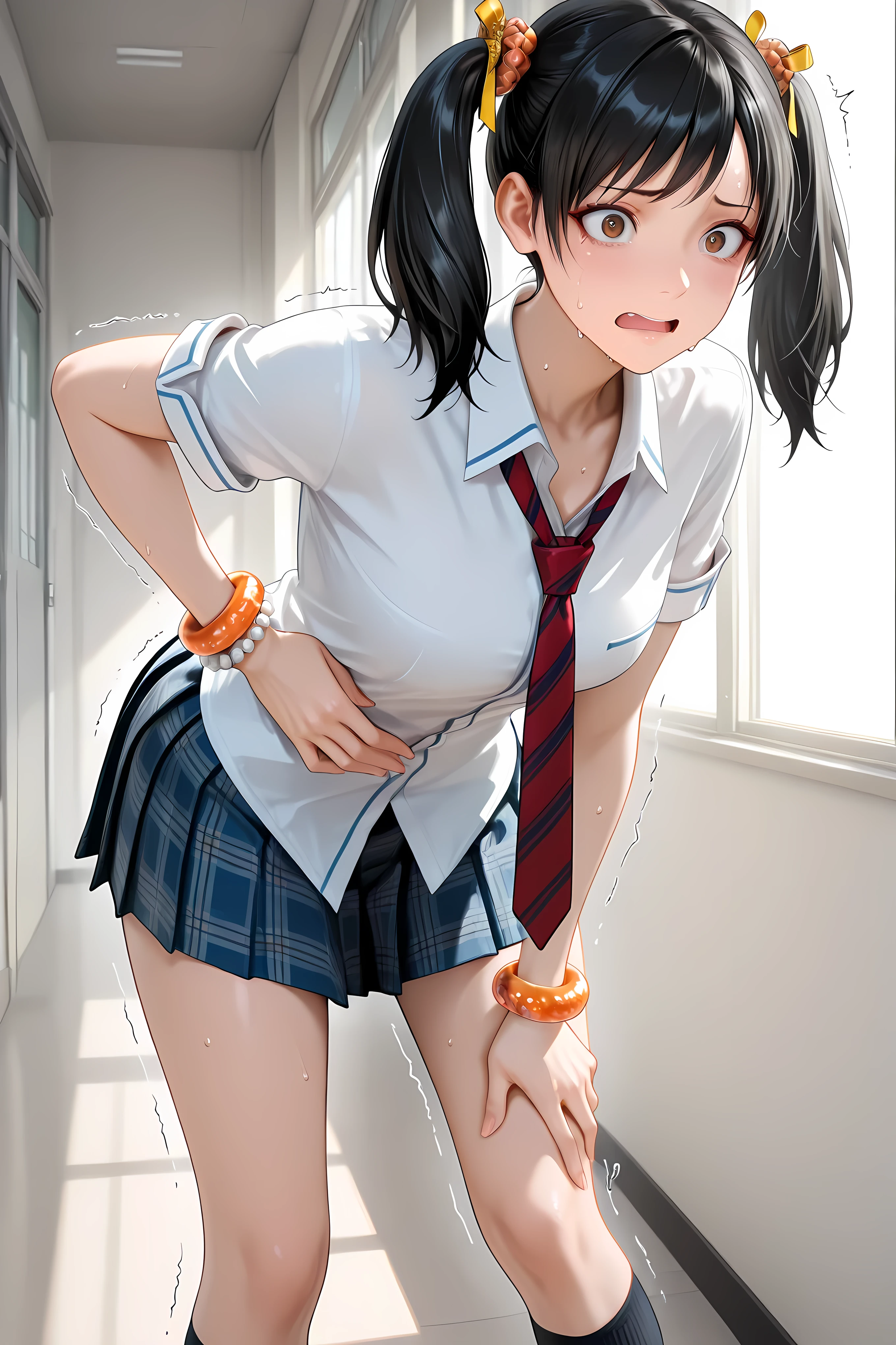 ling xiaoyu, black hair, twintails, yellow hair ribbon, orange hair tie, bangs, brown eyes, school uniform, white shirt, collared shirt, short sleeves, sleeves rolled up, red necktie, striped necktie, untucked shirt, blue skirt, plaid skirt, pleated skirt, orange bracelet, bead bracelet, black kneehighs, loafers,general, masterpiece, highres, ultra-detailed, hyper-detailed, best quality,  amazing quality, very aesthetic, best hands, best eyes, best hand, Japanese school hallway


adult woman, 1woman, hand on own stomach, sweat,  leaning forward, nervous, scared, trembling legs,
