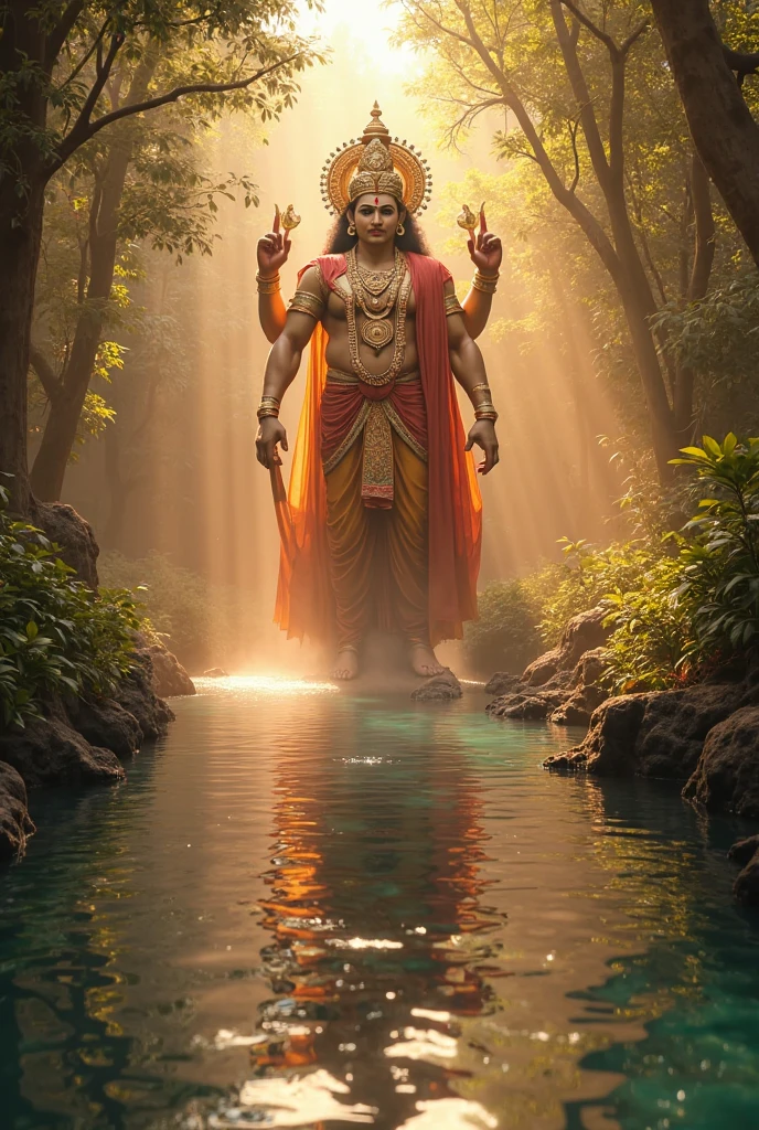 A cinematic, hyper-realistic poster capturing the divine essence of a heroic in a sacred forest at sunrise. At the center stands a radiant young warrior with dusky golden skin, soft sacred markings on his body, and a gentle divine aura. He wears a silk orange dhoti with golden borders and a glowing sacred thread across his . His expression is peaceful yet powerful, with glowing amber eyes reflecting wisdom beyond his years.
In his right hand, he holds an ancient, beautifully detailed gada (mace) glowing faintly with celestial energy. Behind his head hovers a floating golden orb of light, radiating divine power, like a halo of spiritual energy. The surrounding forest is enchanted — banyan trees with hanging roots, glowing flower petals drifting through the air, and golden rays of sunlight breaking through the mist.
The earth beneath him glows softly, with subtle sacred symbols forming where his feet touch the ground. Birds soar overhead, and divine light particles fill the air. The atmosphere is reverent, still, and filled with devotion — like a moment frozen in divine time.
Typography suggestion (for generator or editing):
Golden serif letters at the top: "जय श्री हनुमान 🕉️"
At the bottom in smaller text: "Celebrating the divine birth – Hanuman Jayanti"
Camera angle: wide-angle, slightly low worm’s-eye view for a majestic effect.
Mood: spiritual, heroic, majestic
Style tags: photorealistic, cinematic lighting, golden glow, poster layout, fantasy realism, divine forest, soft mist, warm color palette, 4K poster quality