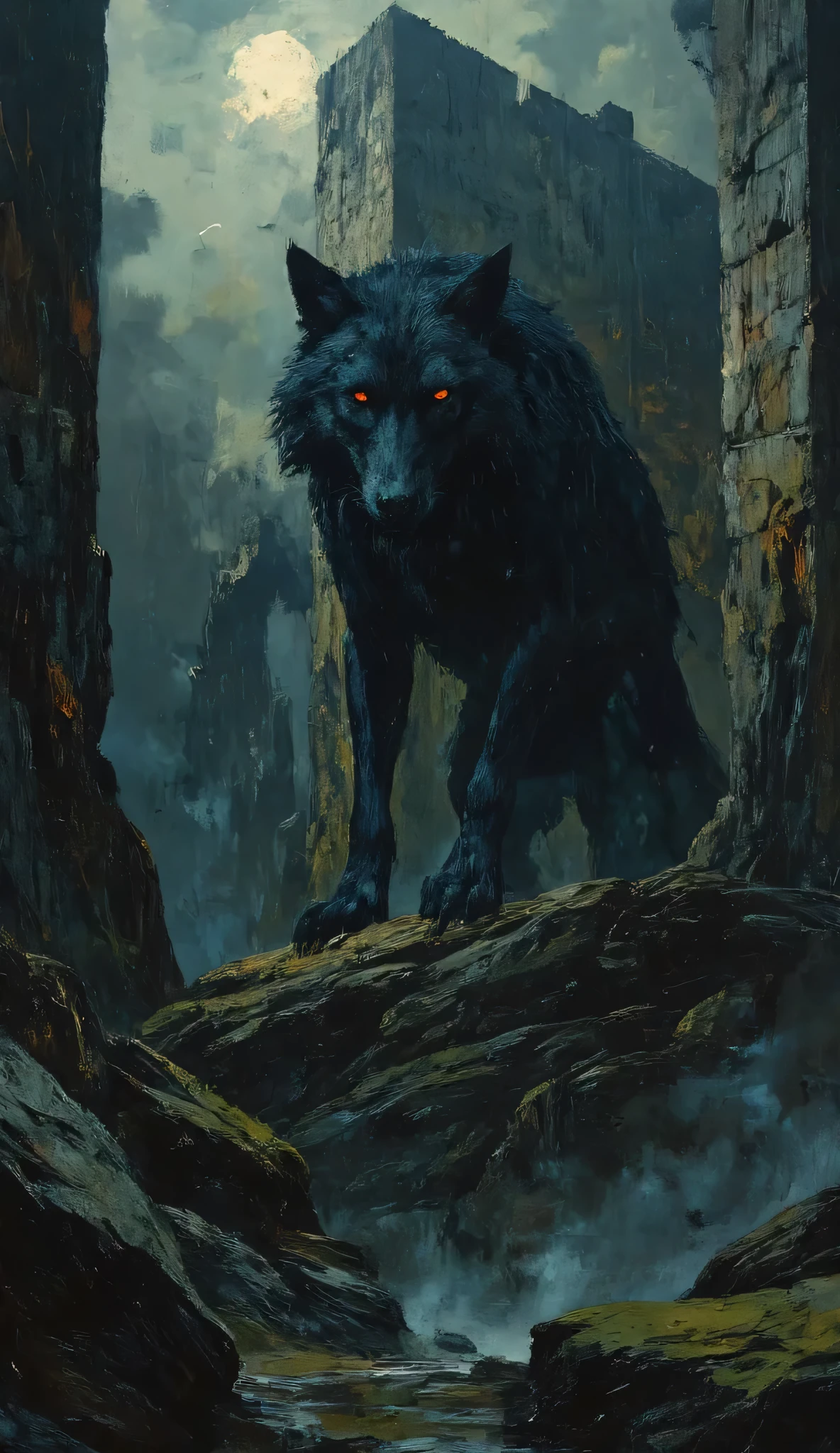 celestial,sketch painting, dark style, horror, silhouette,rain,Ancient dark stone wall under twilight, lupine creature made of shadows and darkness at the top of the fortification, threatening and dominant posture, penetrating and evil gaze directed at the observer, dense and supernatural fog, medieval Gothic environment, dramatic lighting, realistic photo in dark tones