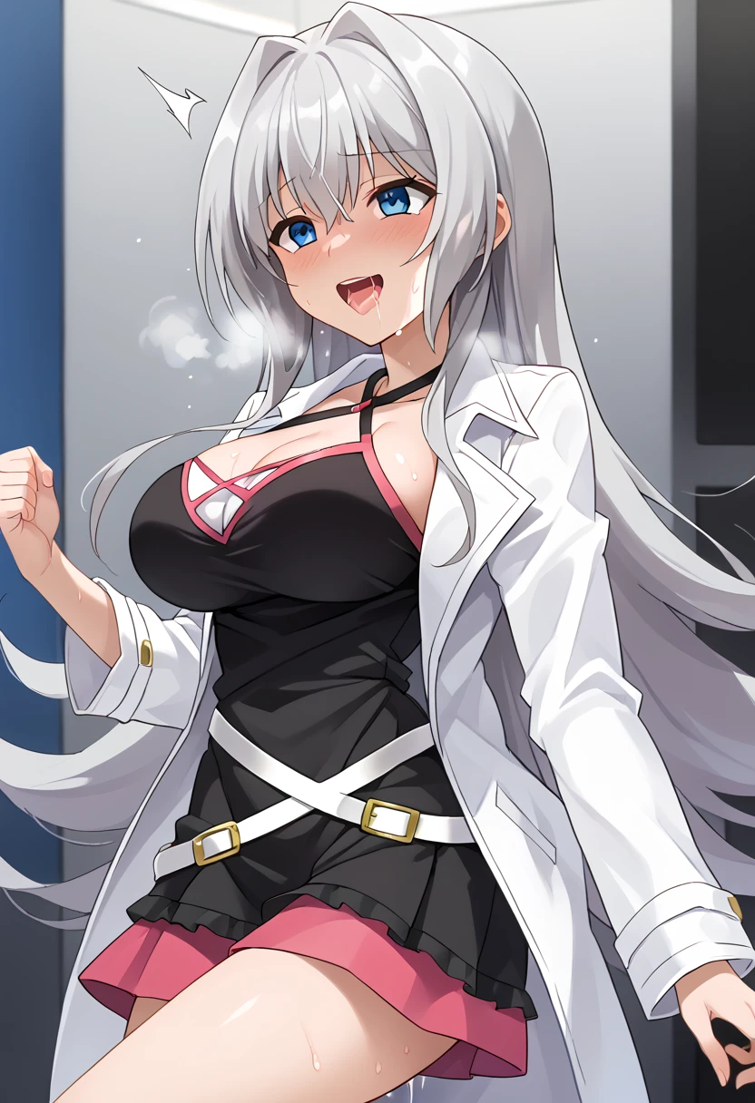 masterpiece, best quality, ultra-detailed, extremely detailed,illustration, 1girl, solo, cleavage, labcoat, skirt, large breasts, thighs, smile, open mouth, hand on hip, room, indoors, cowboy shot, <lora:twoearle-oretwintail-01:0.8>