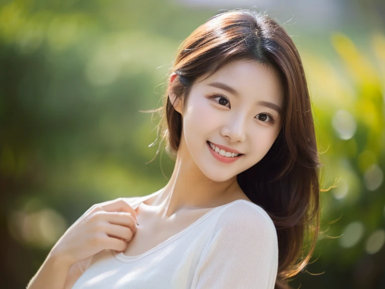 8K, Ultra-high resolution, Highest quality, masterpiece, 三分割法によるphotograph,Surreal, photograph, 1 girl, (16 years old:1.3), pretty girl, Cute face, Beautiful eyes in every detail, 細かくdetailedに,masterpiece,, One Girl:1.2, Japan Female Announcer,whole body,Young Wife,Girl with her back to the camera, evening, forest、Full of cleanliness,A carefree smile,Healing the heart,Semi-long layered hair,Looking at the audience、beauty,Long neck、Laugh a little、Please close your mouth and laugh、(((Ideal body type))),A-cup small breasts :2,、Portraiture:2、Perfect 、鮮明なdetailed、detailed、Surreal、Light and shadow,Strong light