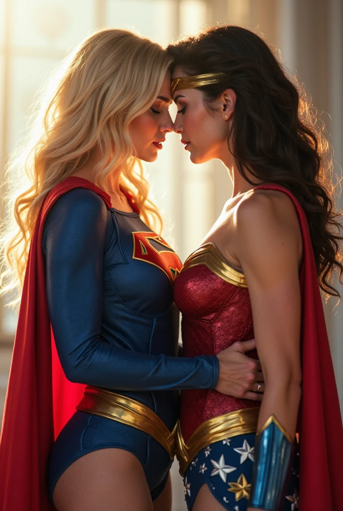 (((From extreme close-up a beautiful black-haired woman under the cloak of the Amazon warrior Wonder Woman screaming with the blonde Kara zor-El alias Supergirl in her arms crying her death a lot of blood around her bloody and terrifying images Supergirl blue suit red skirt Superman emblem or shield on her suit with many wounds and blood dying slowly,(((Images without any deformity in their limbs)))a beautiful blonde haired woman under the mantle of the Kryptonian Kara zor-El aka Supergirl blue suit and red skirt)))