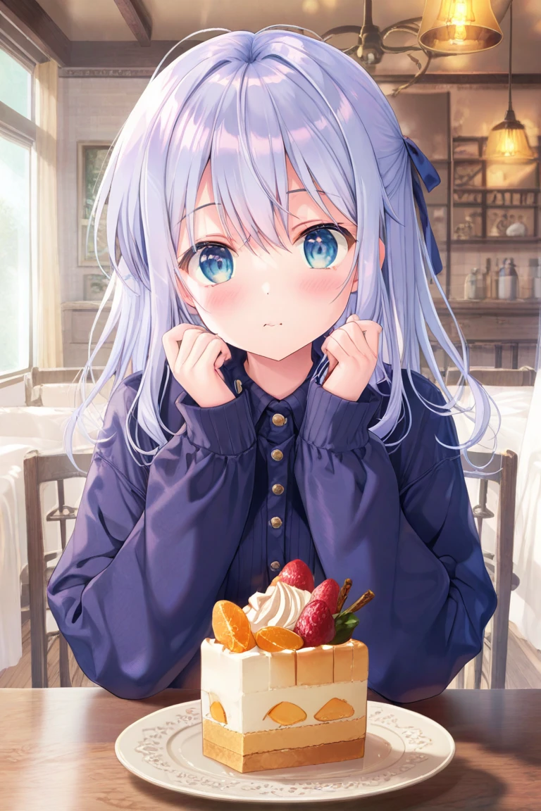 masterpiece, best quality, extremely detailed, (illustration, official art:1.1), 1 girl ,(((( light blue long hair)))), ,(((( light blue long hair)))),light blue hair , , long hair ((blush)) , cute face, big eyes, masterpiece, best quality,(((((a very delicate and beautiful girl))))),Amazing,beautiful detailed eyes,blunt bangs(((( little delicate girl)))),tareme(true beautiful:1.2), sense of depth,dynamic angle,,,, affectionate smile, (true beautiful:1.2),,(tiny 1girl model:1.2),)(flat chest) ,masterpiece, absurdres, best quality, ultra detailed, high Resolution, detailed illustration, extremely beautiful detailed face and eyes, bright colour, 1girl, (loli), cute face, Delicate beautiful face, magenta eyes, cute eyes, sparkling eyes, big eyes,smile, BREAK,BREAK off shoulder sweater, long skirt, tiny ribbon, restaurant, eating Nut tart, almond, real world, natural lights, perfect lighting,