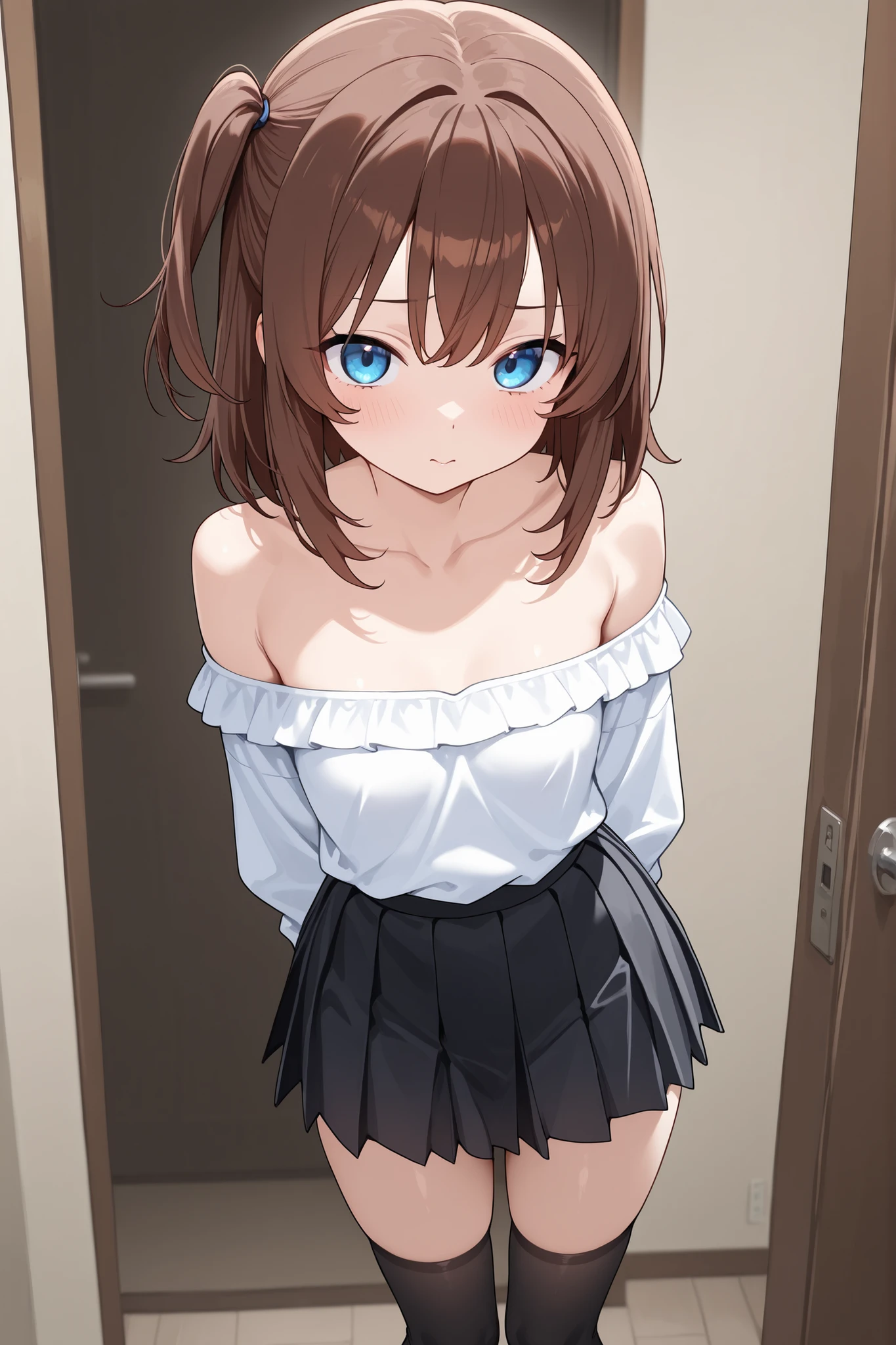 1 Girl,brown hair color medium hair, Side Tail, cute face、blue eyes、white off-shoulder shirt,I can see my collarbone,Black Pleated Skirt, black knee-high socks, slender thighs, small tits