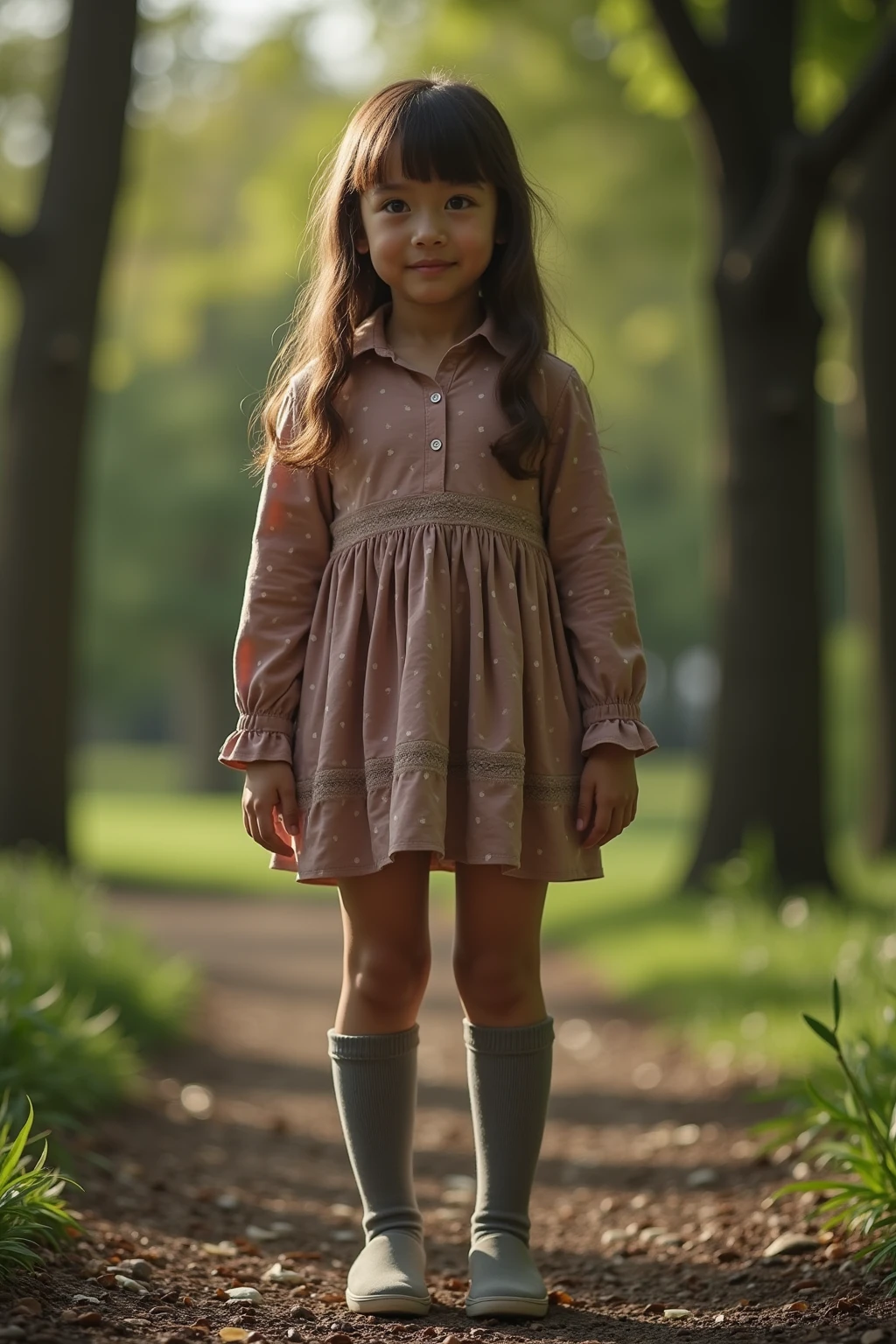 7 year old girl, brown hair, wearing a cute dress, heels, in a park