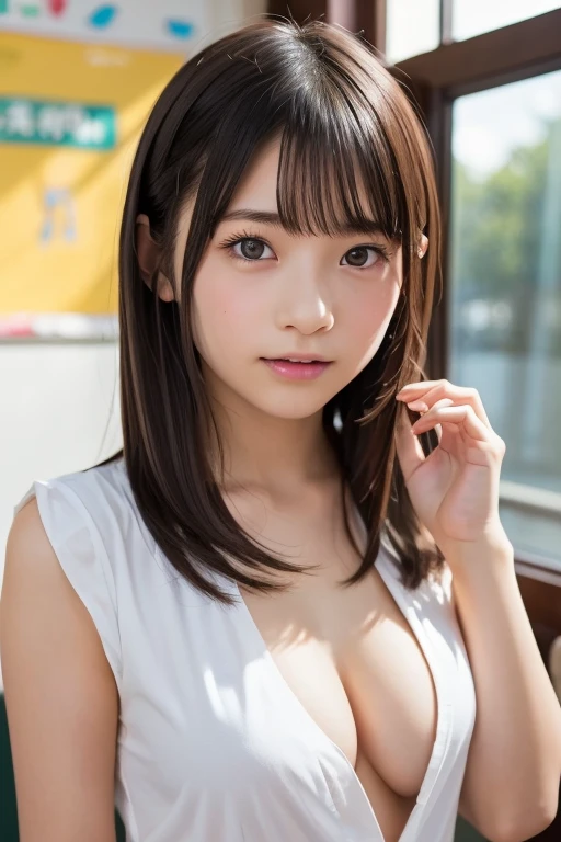 masterpiece、highest quality、16K、soft light、professional lighting、Pale shading、Weak contrast、Japanese、beautiful girl、daytime office、Window seat、sitting in front of the computer、White tight cache-coeur、Bra shows through、navy pleated skirt、smooth and beautiful thighs、(big breasts:1.3)、Faint cleavage、fine and beautiful eyes、cute hanging eyes、gentle smile、(flower hair ornament,Braided top knot,Twisted side part ponytail braided headband,half up、Braided Space Van,voluminous fishtail braid,Twisted pan),(The bangs are see-through bangs)、