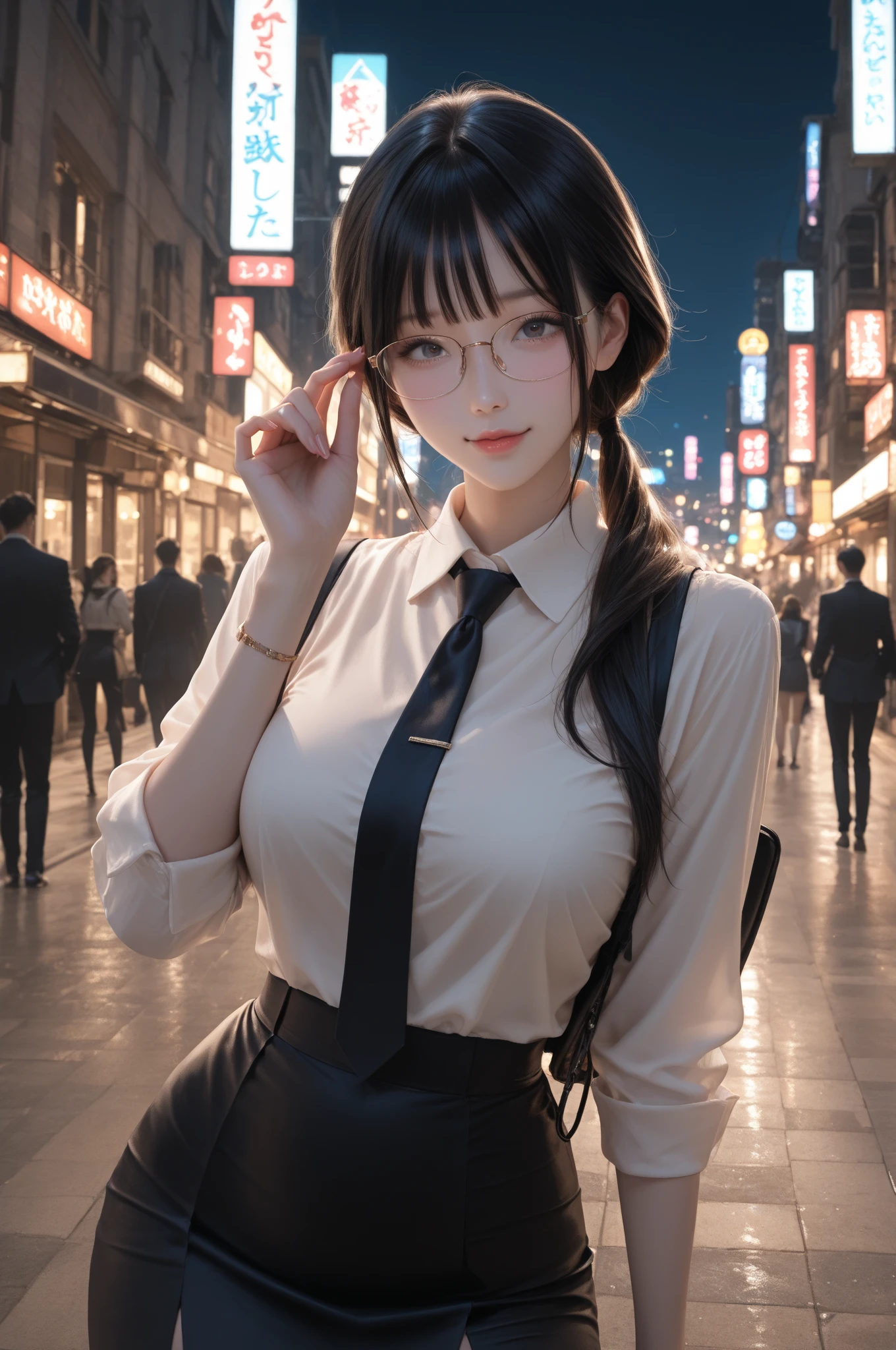 (1 Glasses Girl:1.3, Solo), (Audrey Hepburn:1.3), (A very beautiful and beautiful Japanese woman), (Sexy girl), (Professional attire:1.3), (22 years old: 1.1), (Walk from Tokyo Station:1.3), (Attractive random poses:1.3), (in Tokyo:1.3), (looking straight at you:1.3), (stare at you:1.3), (Front view:1.3), Break, (pony tails:1.3), (Shiny black thinning hair:1.2), bangs, Dark brown eyes, Beautiful eyes, Princess Eyes, (Big eyes:1.3), bangs, wears glasses:1.3, hair between eye, Short hair:1.3, (Slender:1.1), (small medium breasts:0.95), (Thin waist: 1.15), (detailed beautiful girl: 1.4), parted lip, Red lips, full makeup, (Shiny skin), ((Perfect female body)), (Upper body image:1.3), Perfect anatomy, Perfect proportions, (The most beautiful Korean actress face:1.3, Extremely cute and beautiful Japanese actress face:1.3), Break, (View viewer, Wearing cute bitch coordinates, (Crazy meticulous white cotton vest:1.3), (Beige leather leather pants:1.3), (Pin-heels:1.3), Detailed clothes, Break, (Detailed background of the Tokyo Conference:1.2), (Soft studio lighting: 1.3), (Fake lights: 1.3), (Backlight: 1.3), Break, (Realistic, Photorealistic: 1.37), (Masterpiece, Best quality: 1.2), (超高分辨率: 1.2), (RAW photo: 1.2), (Sharp focus: 1.3), (Face focus: 1.2), (Ultra detailed CG unified 8K wallpaper: 1.2), (Beautiful skin: 1.2), (Pale skin: 1.3), (super sharp focus: 1.5), (super sharp focus: 1.5), (Beautiful pretty face: 1.3), (Super detailed background, detailedbackground: 1.3), Ultra Realistic Photo, Hyper Sharp Image, Hyper Detail Image,