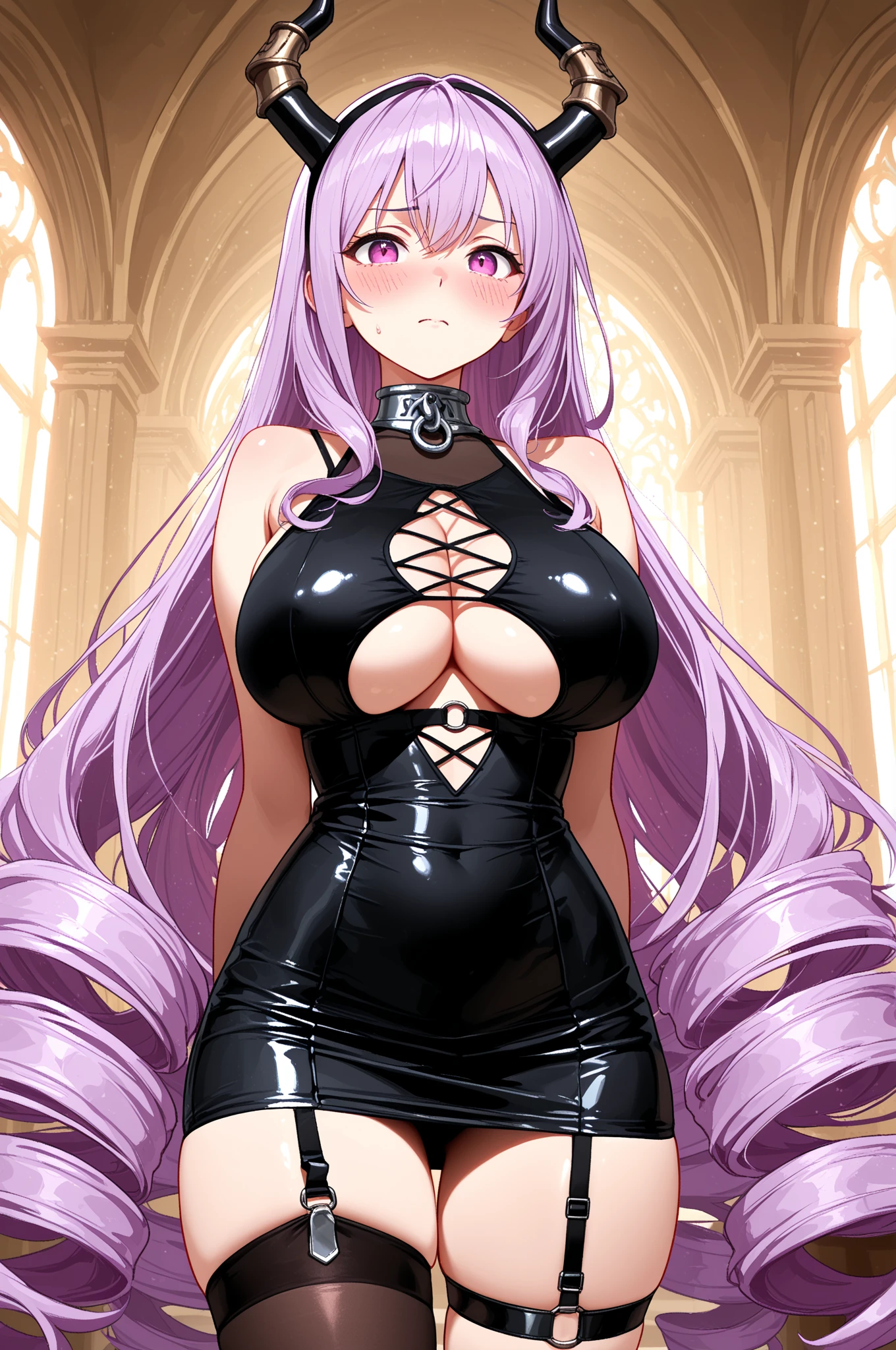 (large breasts:1.55),(shiny,hair),((solo)),((masterpiece)),((best quality)),perfect anatomy,slim waist,perfect image,8k UHD,(beautiful detailed eyes:1.5),extremely detailed face,standing,(upper body:1.25),(look at the front:1.5),arms behindback,ultra-detailed,absurdres,highres,shiny skin,(shiny black dress),sexy gorgeous dress,(pink eyes:1.15),(pink hair),long hair,(gorgeous indoor hall),(sensitive smile:1.2),(seductive smile:1.2),lips,erotic lips,
