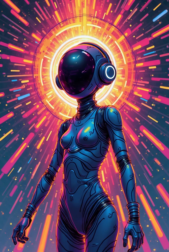 (best quality:1.2), digital art, a woman on a journey through the void of space, retro, neon, dark cosmic theme