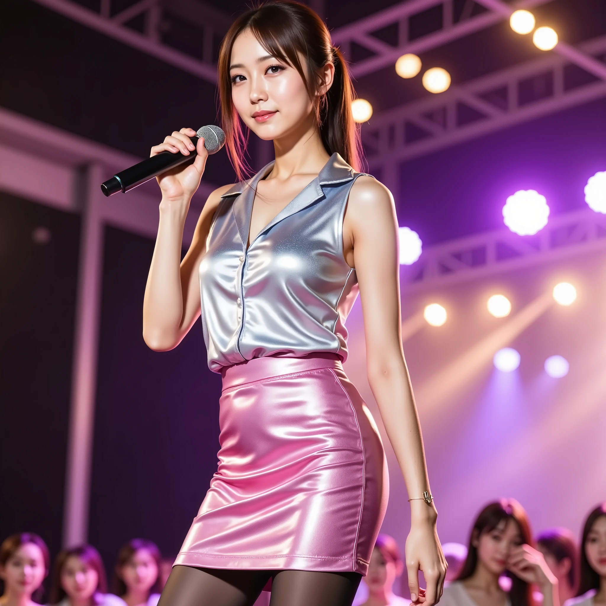 An extremely beautiful Japanese high school girl race queen who highlights her beautiful legs、She was photographed walking down the runway at a fashion show wearing Le's new .、She is an eternal idol who combines a clean look with modern charm.。 She creates such beauty。 She feels her own warmth。 She creates a warm atmosphere。 We create beauty。 That's what I want to say。 In her full body photo、The figure features porcelain-like skin and golden hair that radiates a soft glow.。 This is probably、It captured the essence of her timeless charm.、This is the best shot ever.。 Each straight line and curve is carefully expressed.、Breathtakingly beautiful with impeccable detail。 This piece perfectly captures her timeless beauty.。 Divine Proportions、Sharp focus、Full-body photo taken by Kishin Shinoyama、high quality、High resolution、Detailed Background
