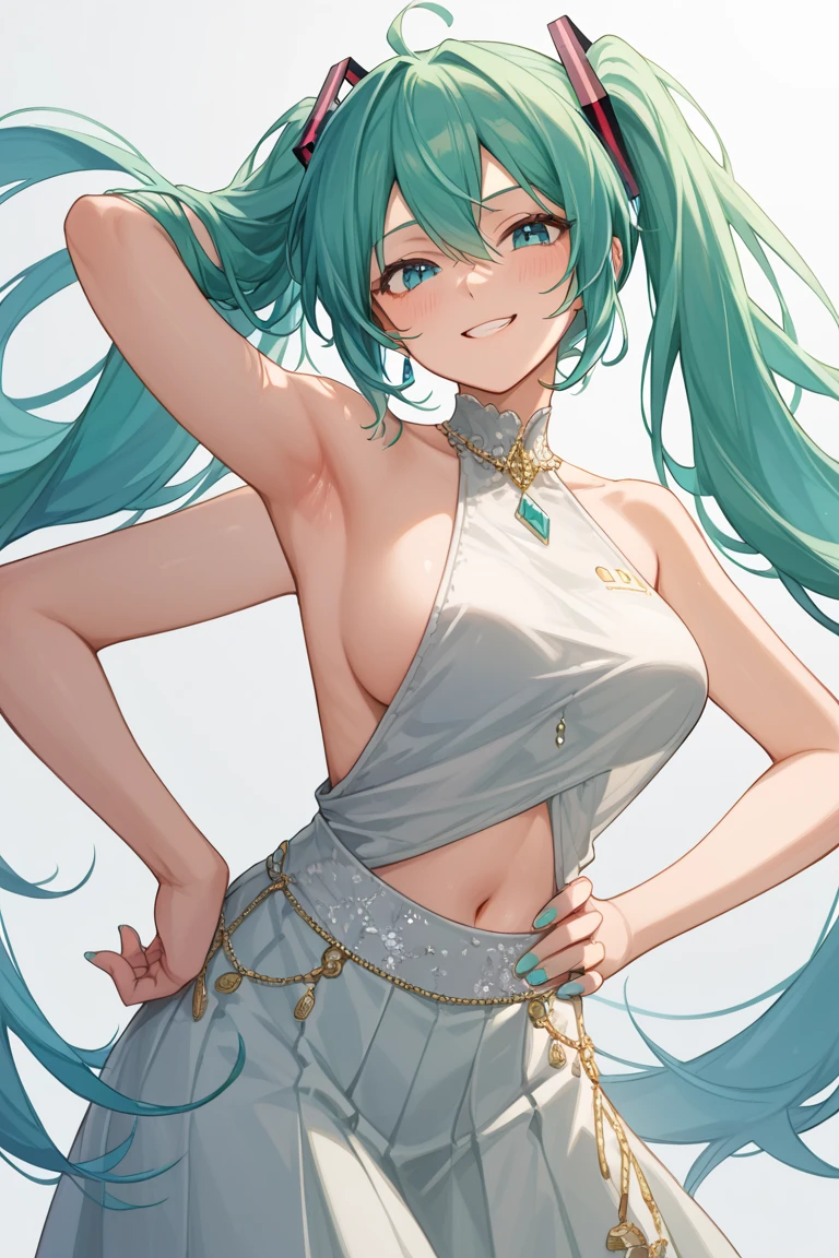 (masterpiece, best quality),best quality, best resolution, (ultra-detailed), (3heads:1.5), 1girl, (kawashiro nitori:1.3), masterpiece, best quality, blue top, crop top, ((stomach)), midriff, (()), blue skirt, normal ears, , blue hair, very long hair, wavy hair, sidelocks, light blue eyes, detailed eyes, parted lips, single horn, sweat, cute, toned belly, hand on own , eyelashes, (24 year old woman:1.3), (masterpiece:1.4), (best quality:1.4), (beautiful detailed extremely detailed CG, extremely delicate and beautiful, depth of field, (finely detailed face), (perfect details:1.1), (mature female:1.3), wide , slender, large veiny , 8k resolution, high quality, high definition, extremely detailed, masterpiece, best quality, blue hair, long hair, alluring presence, braid, short skirt, close up, big , young, front ponytail, hair ornament,