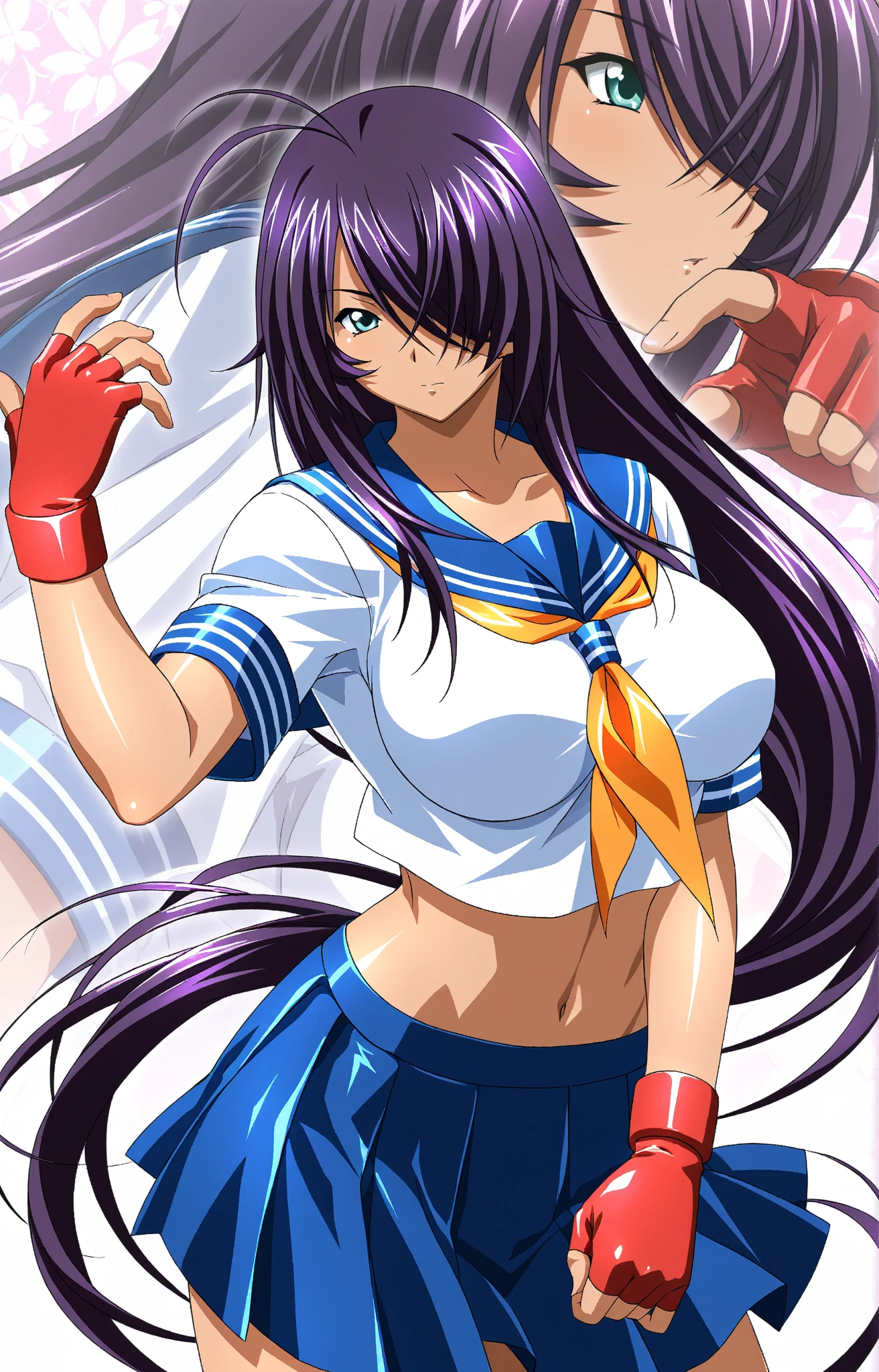 unparalleled masterpiece, 8k, high quality,perfect artwork, outdoor, 1girl,18yo,muscular female, kanu unchou,fingerless gloves, midriff, loose socks, pleated micro skirt, yellow neckerchief, earrings, loafers, low-tied long hair, hair over one eye, clean, beautiful face, pure face, pale skin, shiny hair, colored inner hair, detail hair, Long eyelashes, braid, (finely detailed beautiful eyes and face), hyper extreme detailed, stunning lighting effects, fighting pose,large breasts,erected nipples,cleavage,navel,micro panties,cameltoe,from below
