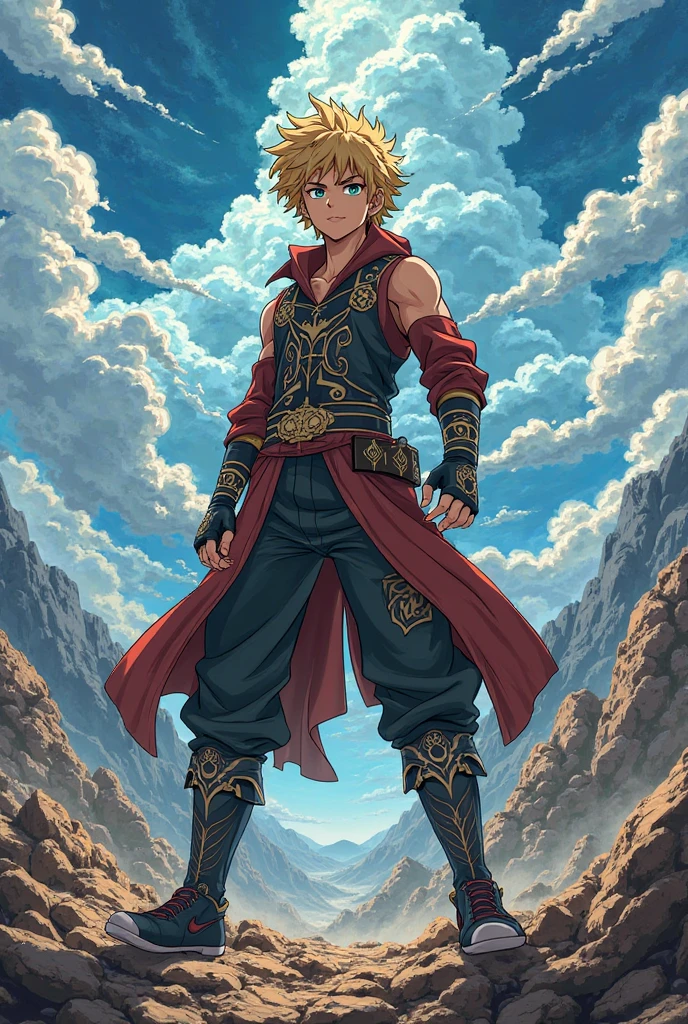 Bakugou Katsuki, knee-length blonde hair with braids, crimson red eyes, he is dressed in medieval pants, is shirtless showing his abdomen, but wears a red cape with animal fur, perfect appearance, high resolution, full body. Set in a medieval castle where it has various armor of soldiers.