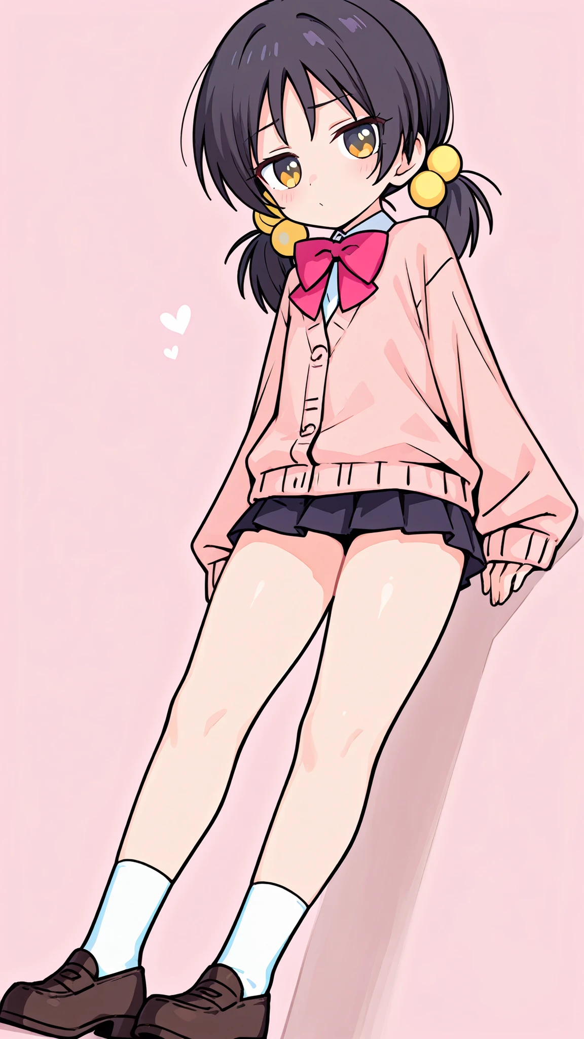 ((anime style)),nsfw,((light pink simple back)),score_9, score_8_up, score_7_up, source_anime,high quality,detailed,high resolution,best quality,best detailed girl,masterpiece, 1girl , ((solo)),Kaai Yuki, a girl with dark hair, twin pigtails,cartoon-style outfit, light pink cardigan with a dark pink bow tie, ((((black mini skirt)))),(((white short sox))),((brown loafers)),Art, Artstyle, Artist,((((((A glimpse of her thighs)))))),((((whole body)))),((standing)),((front view))