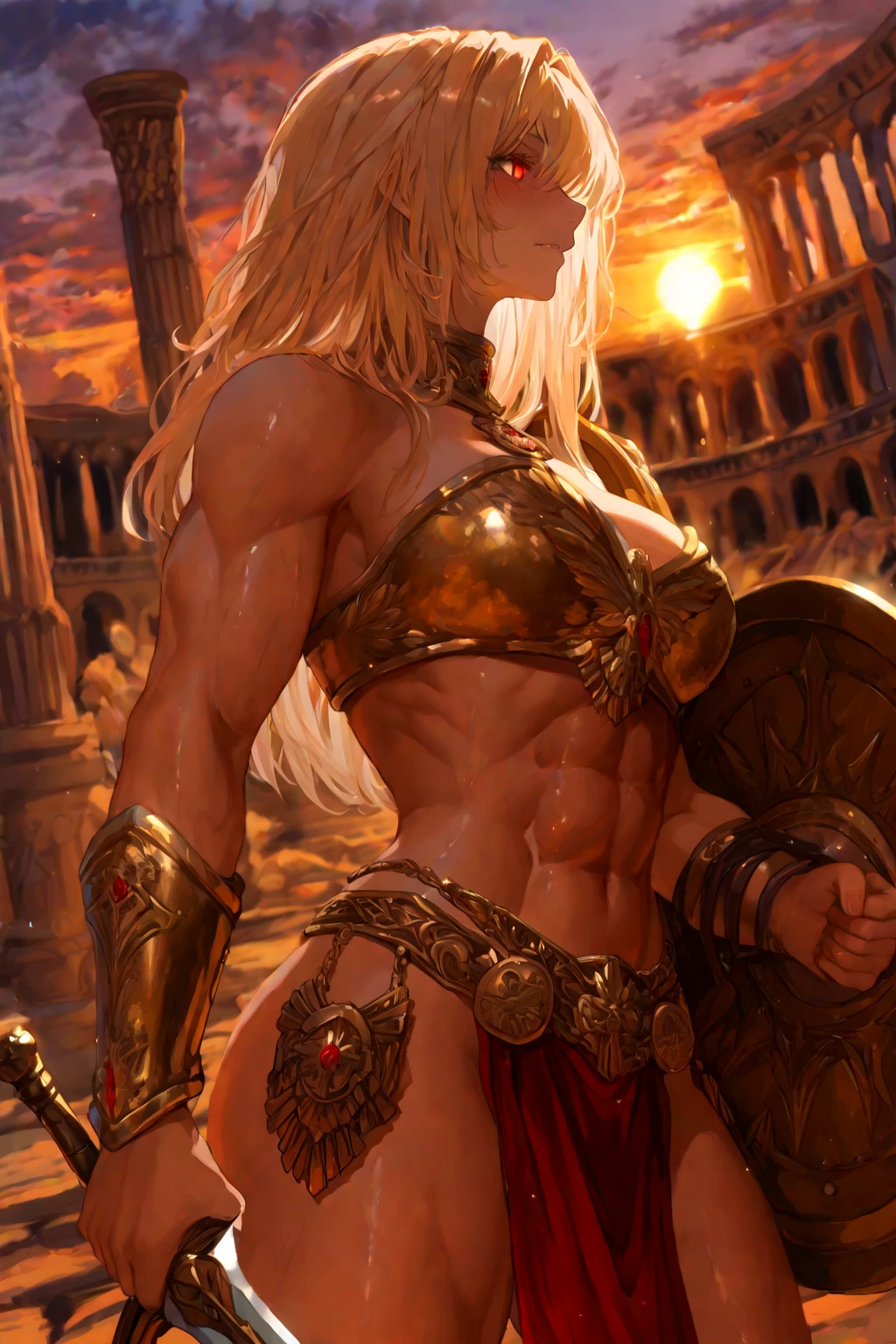 A gorgeous warrior woman of age30, skimpy armor, sword, toned abs, tanned skin, battle wounds with some blood, standing in flowery meadows, serene. Not overly muscular. Anime or Semi-Realistic style