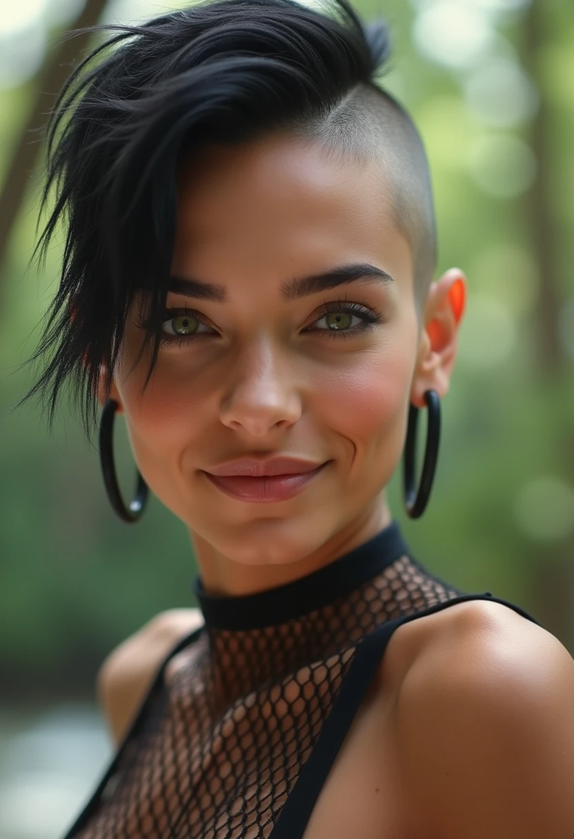 caulifla, spiked black hair, black eyes, big hair,black eyes, bare shoulders, pink bandeau, looking at viewer, smiling, close up, outside, park, trees, blue sky, high quality, masterpiece, <lora:DBS_Caulifla_v1:.8>