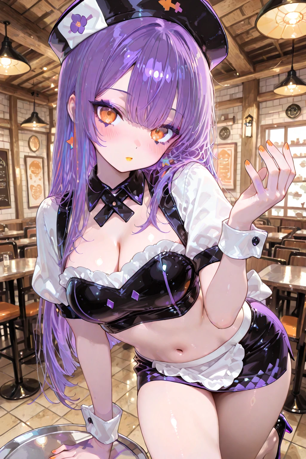 mastute piece,Best Quality,insanely detailed,8k cg,nsfw,
(shoot upper body:1.3),
(1girls:1.3),standing,looking at viewr,body in front,(arms behind back:1.4),(waitress costume:1.4),(bare breasts:1.2),break,
blush,shy,(ecstasy face),(trembling:1.2),break,(light purple hair:1.2),
break,
perfect breasts,perfect teats,(open mouth:0.9),(large breasts:1.2),
(restaurant:1.1),