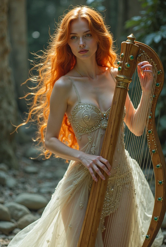 A fantasy, beautiful girl playing Harp, she's wearing a white sheer transparent dress, she has large breast and long ginger hair, her dress is very low cut revealing clearage, she is wearing emeralds and silver, there is an Irish castle in the background,