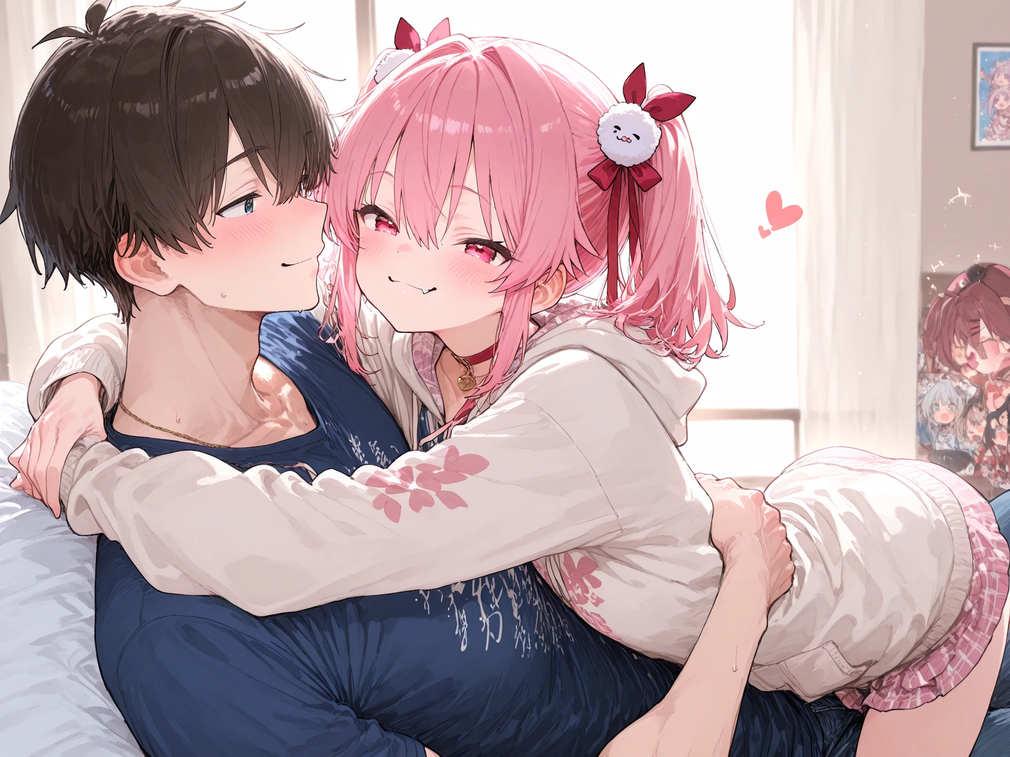 anime couple hugging on bed with cat and window in background, sasoura, top rated on pixiv, artwork in the style of guweiz, guweiz on pixiv artstation, at pixiv, popular on pixiv, cute anime, pixiv, digital art on pixiv, pixiv 3dcg, anime style 4 k