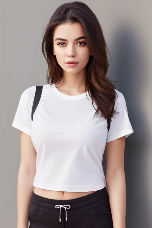 A woman wearing tight stockings and a gray skirt ((wear a loose white T-shirt, short sleeve t-shirt, closed round neck t-shirt)) sitting on a black surface (ultra realistic,32K, masterpiece:1.2),(very detailed skin:1.1),( 8k hd, DSLR, high quality:1.1), 1 girl,black fur,ponytail hair, split bangs, ((wear a loose white t-shirt, short sleeve t-shirt, closed round neck t-shirt)) sweater dress, (shackles:1.2):1.1),,, , Masacara, (Red lips:0.8), huge chest, (looking at the viewer, Session, from below:1.1),, (Upper part of the body:1.1), (light wave:1.1), blank background