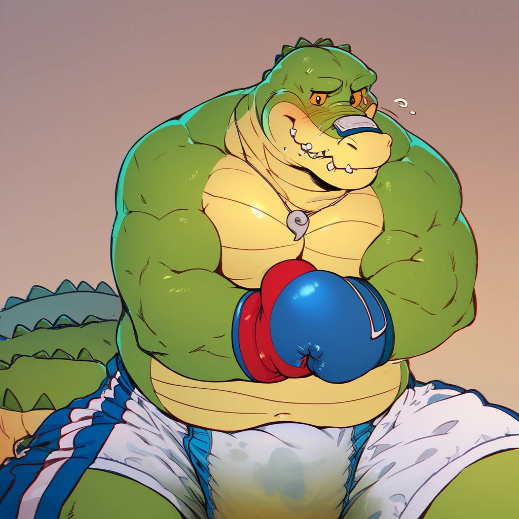 Duo male(Green Gator vs Brown Wolf), handsomes(handsome hairstyle, Thick eyebrows, detailed face), gay(Lying down, cuddling, body with body, wrestling at each other, face to face, on a bed match), hot(Shirtless), handsomes(They are handsomes, correct anatomy), musculosos(Big muscle bodies, Six packs, muscle abs, big pecs), sweaty(very sweaty wet bodies, shiny sweat), tatuajes(they have tattoos), grumpy(Both have an grumpy expression, grumpy teeths, steaming breath), UFC gloves(They both are wearing UFC gloves), Hight resolution, by(Zourik:1.1)