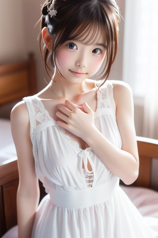 Beautiful white and shining skin、Chestnut hair that changes depending on the light、Long bangs between the eyes that obstruct the view、Cheek gloss highlights、Sexy and very beautiful nice gorgeous face、the most beautiful face in the world、short bob、Smooth straight hair、medium breasts、beautiful breasts、cleavage、side boob、Big and bright eyes、beautiful bangs、Beautiful and beautiful woman、small face beauty、golden ratio、natural smile、naked apron、light pink apron、No bra、Beautiful woman with perfect body、kitchen、beautiful thighs、small butt、