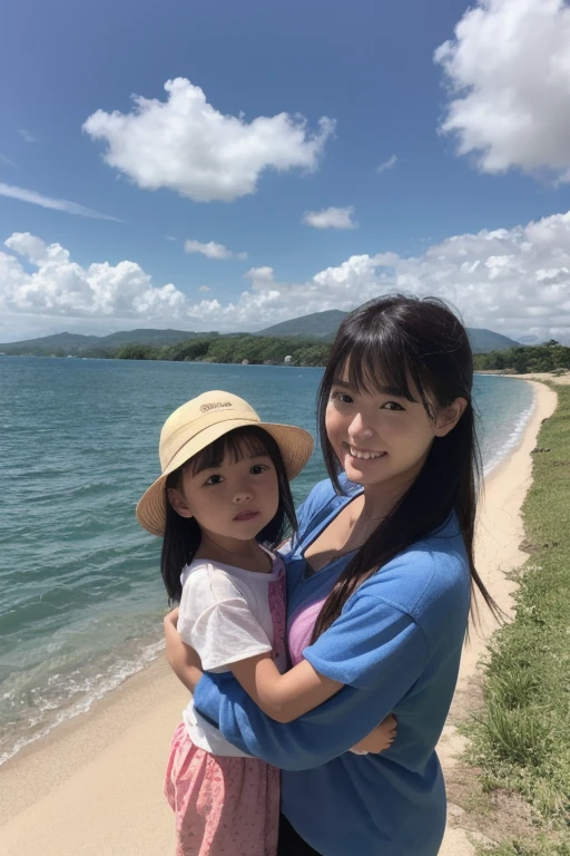 gorgeous 19 y.o. girl,gorgeous girl, score_9,score_8_up,score_7_up,source_anime,masterpiece,best quality, ((black hair)),make up, opened eyes, black eyes,full clothing,a woman with her son,((woman hugging son,1 kid,)),duo,realistic skin,realistic,???,at the beach,wearing beach clothes