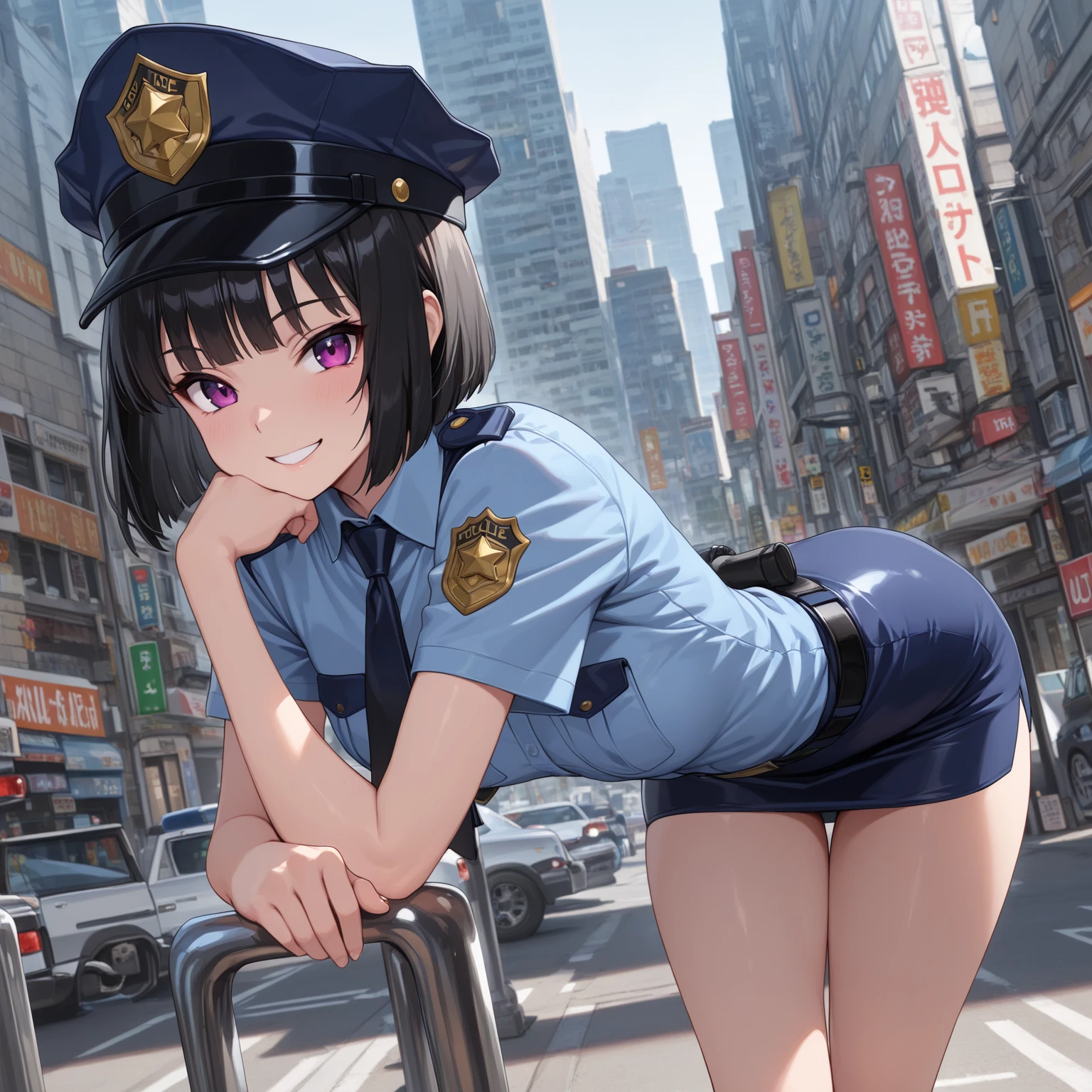 (((masterpiece, Highest quality, High resolution, 超High resolution, Perfect Pixel, Depth of written boundary, 4K, RTTX 10.0))), Beautiful Anime Woman, Beautiful art style, Anime characters, ((Smooth texture, Realistic texture, Anime CG Style)), Exact finger count、Exact number of legs、(Exact number of arms:1.0, Exact number of hands:1.0), (Perfect hands, Perfect Anatomy), Cinematic, Realistic, Extremely detailed CG, Daytime lighting, Perfect lighting, Best Shadow, The best natural light, whole body, Perfectly balanced style, A perfectly balanced body, (Slender body:1.2), whole body, ((bangs, Dark brown hair, Stylish and cute bob cut)), ((A cute woman is standing with her skirt lifted to show her panties:1.3)), ((Female police officer, uniform, limited cap, uniformのボタン, tie, uniformのジャケット), Leather shoes, Name tag, uniformのパッチ, Police Badge, boots, Epaulettes, uniformのスカート:1.3), ((Sexy and cute panties, (Stylish shiny light blue satin panties:1.2), Side-tie panties, Small lace panties:1):1.3), (beautiful and very large breasts:1.1), Feeling embarrassed, (blush:1.2), (Embarrassed expression:1.4), (In town, Cityscape:1.5), Angle from the front