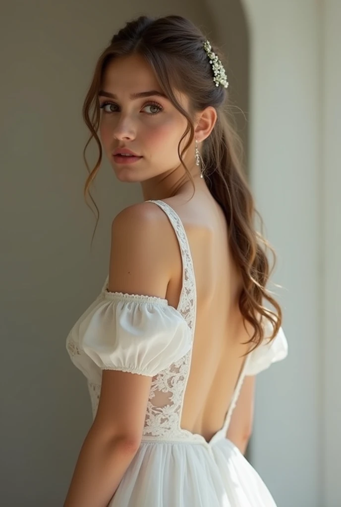 <lora:ZM_catherine:1>ZM_catherine, HDR photo of beautiful young woman, from behind, looking over her shoulder, perfect eyes, highly detailed beautiful expressive eyes, detailed eyes, fair complexion, light makeup, light colored lipstick, gorgeous off the shoulder blouse, standing in a very dark room, large windows in the background . High dynamic range, vivid, rich details, clear shadows and highlights, realistic, intense, enhanced contrast, highly detailed