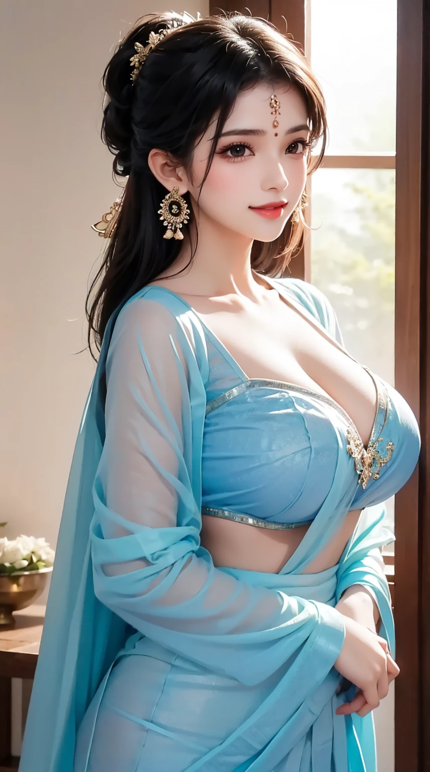 1girl, cute face,pretty face, jaw dropping beauty, Indian clothes, cute saree,((ultra high detailed 1.9)),((ultra high resolution 1.9)),((ultra high quality 1.9)),(masterpiece)), (perfect lightings), (very Big breasts 1.9)), ultra huge breast, showing her body 
