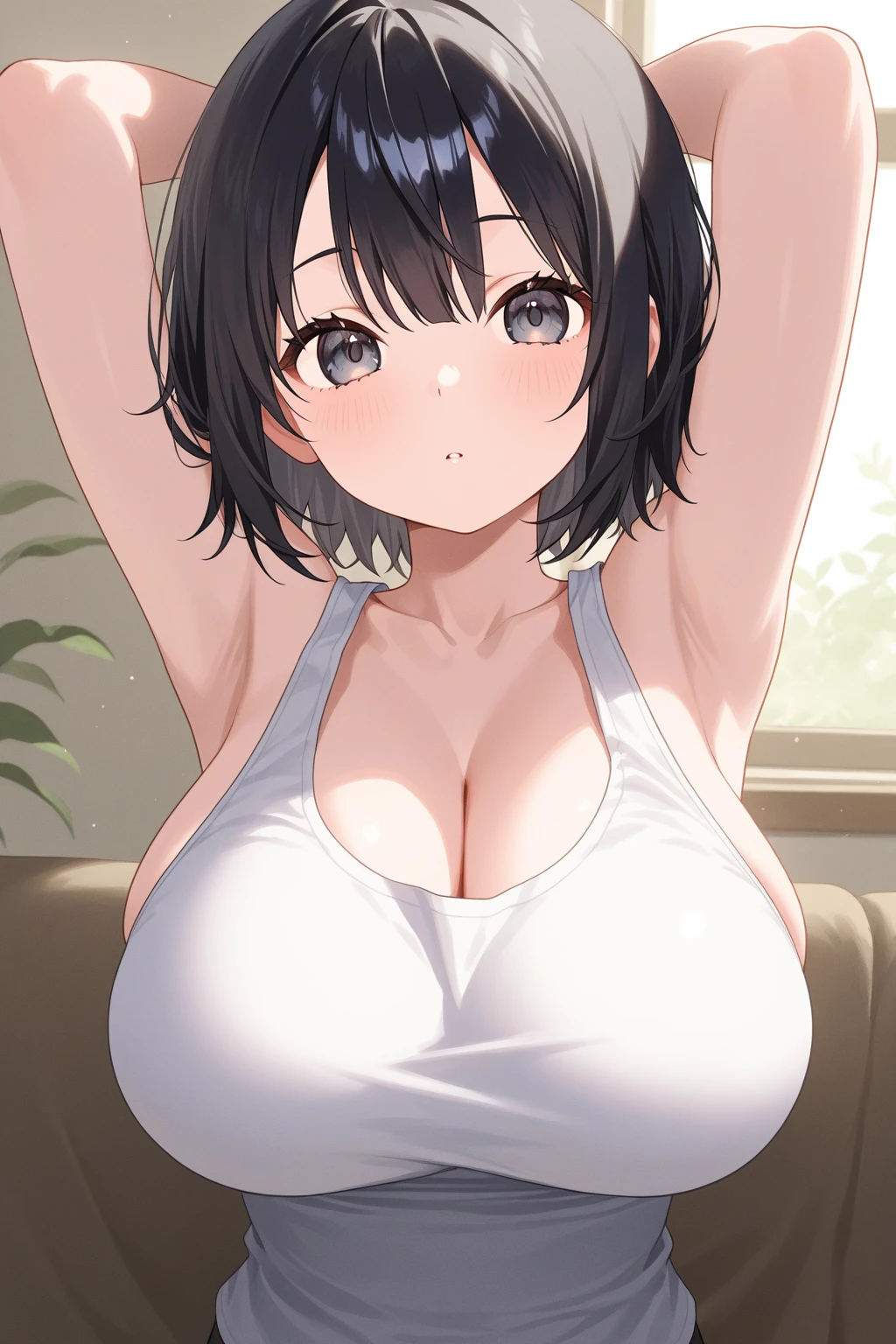 (Highest quality, 8k, 32k, masterpiece, Ultra-high resolution:1.2),Real,Beautiful Japanese Women Photos,Black Short Hair,Beautiful Face,(Leaning forward:1.3),squat,(From above:1.2),(close:1.4),,Look at other people,smile, Loose fitting T-shirt,Large Breasts,Blurred Background, expose one&#39;s cleavage