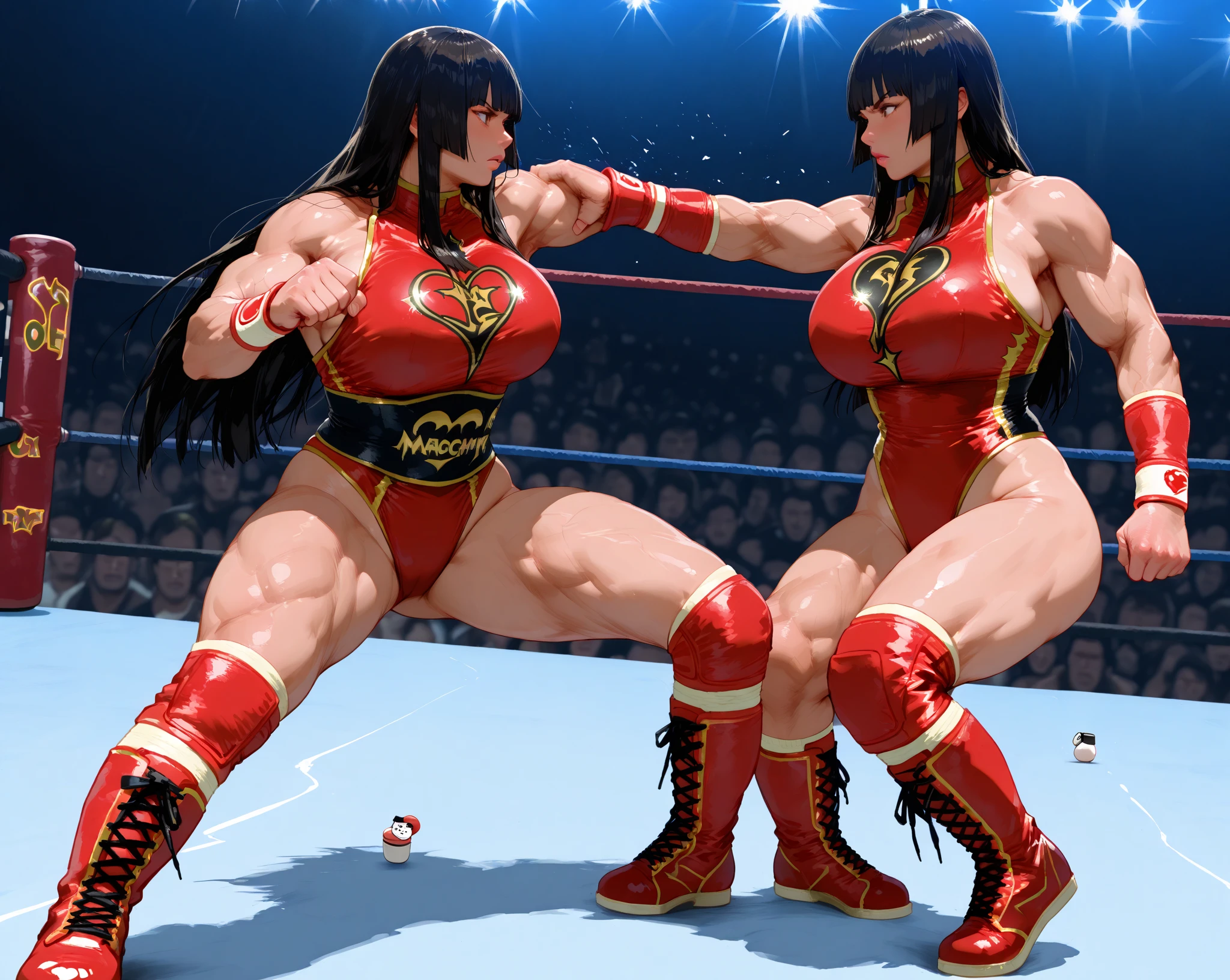 (Eine detaillierte Zeichnung von huge muscular Asuna , female Bodybuilding,dominate Wrestling fetales muscle hunk, bodybuilding gym.), shirtless, barefoot, Wrestling, Full body image