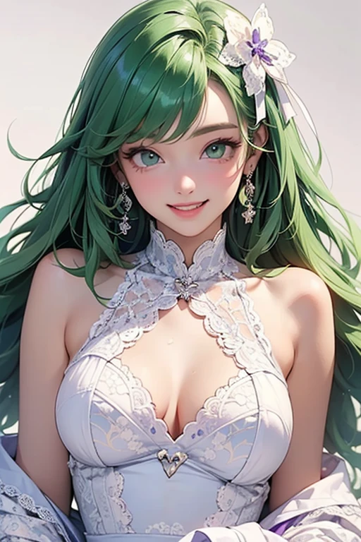 Best Quality,High resolution,8k,(plain white background, no patterns, no textures, just a plain white background:1.3),Masterpiece:1.2),beautiful girl,Big Breasts,(Shiny green hair:1.3),messy hair,Beautiful green eyes,Gentle look,A refreshing look,smile,Oversized shirt,Best quality,Best Quality,Aesthetic and aesthetic:1.2,Best details((Super detailed))(High-definition CG illustrations),Slender body,smile,blush,cute,Scrounge,Looking up,Being spoiled,super model, wariza, sit