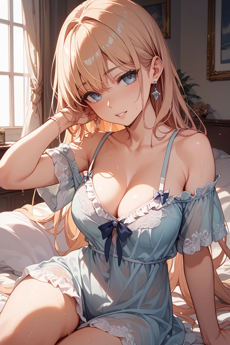 (best quality,4k,highres,masterpiece:1.2),ultra-detailed,realistic,portrait,girl in light blue nightgown,beautiful detailed blue eyes,long eyelashes,golden hair,(soft smile),sweating profusely,sitting on the bed,lots of sweat beads，(Colossal tits：0.9)