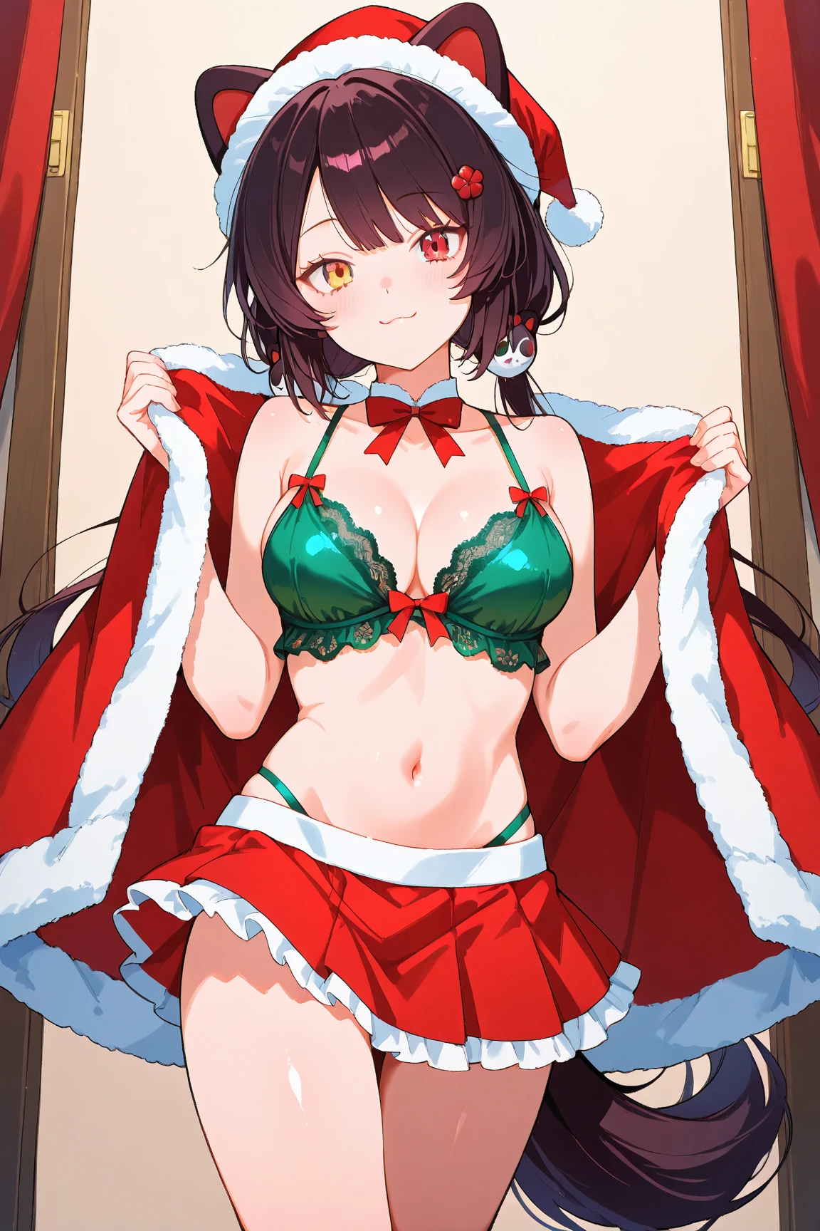 masterpiece, best quality, 1 solo girl, brown hair, blue eyes, short hair, wavy hair, Christmas ornaments, medium breasts, mature body and face, red santa dress, christmas, christmas light, christmas tree, red gloves, red santa skirt, holding gift, red bra, red panty, leg up, cowboy shots, sexy pose, dakimakura, ultra-detailed body, face, and eyes, sharp focus, vibrant, creative, dynamic, high definition, high resolution, 8k, (Upscale: R-ESRGAN 4x+ Anime6B), (Image enchance:4x), voluptuous body