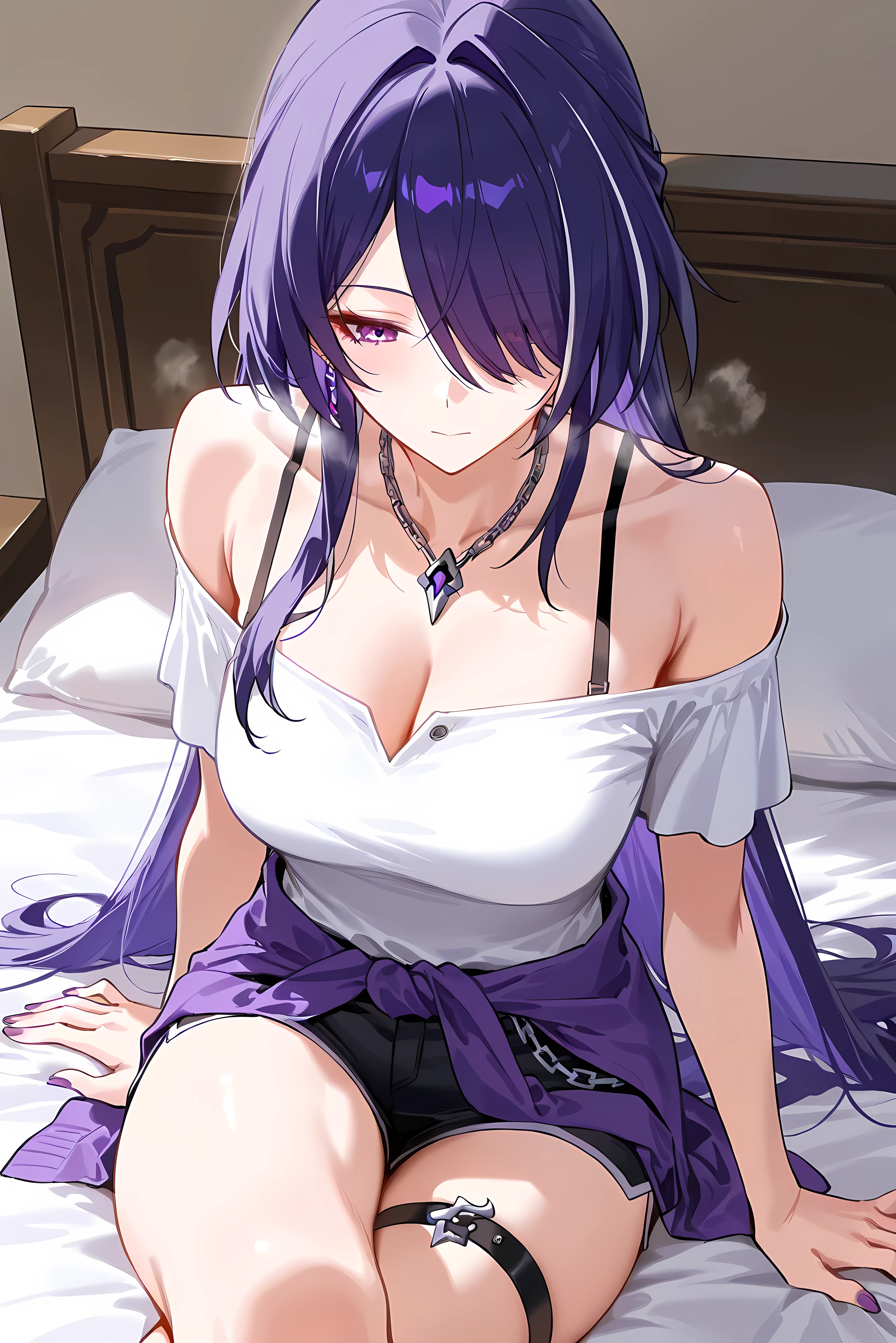 score_9, score_8_up, score_7_up, masterpiece, best quality, very aesthetic, absurdres, tunning image, attractive image, 1girl, adult grown woman, acheron (honkai: star rail), purple hair, hair over one eye, long hair, purple eyes, medium breasts, closed mouth, heavy breathing, masterpiece,best quality,amazing quality, ero404, 5 fingers, purple nails, alternate costume, plane necklace, casual, bra strap, off-shoulder shirt, clothes around waist, short shorts, chain accent, thigh strap, crossed legs, sitting in a bed, sitting,