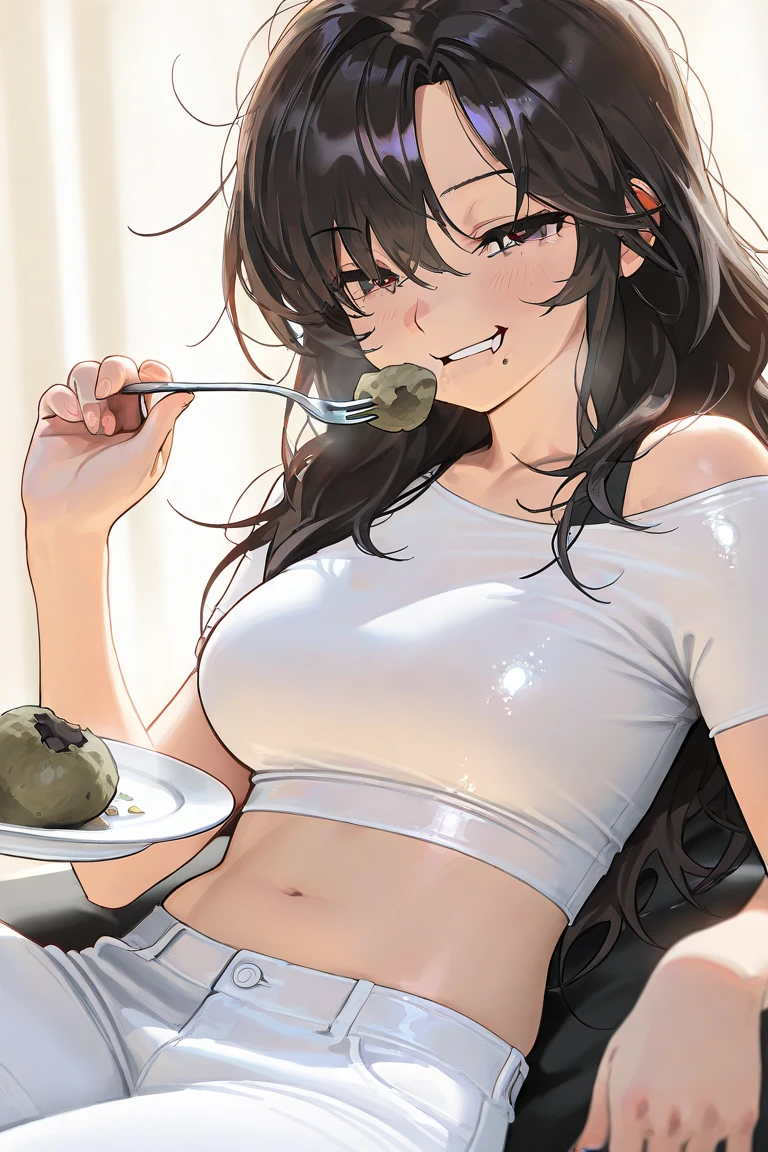 1girl, solo, hair ornament, (naked:1.3), (white apron), large breasts, cleavage, thighs, kitchen background, (blushing:1.3), naga, brown hair, ponytail, golden eyes, dark skin, gal, naga, lewd, sexy pose, holding a banana, she wants sex, sexy, attractive woman