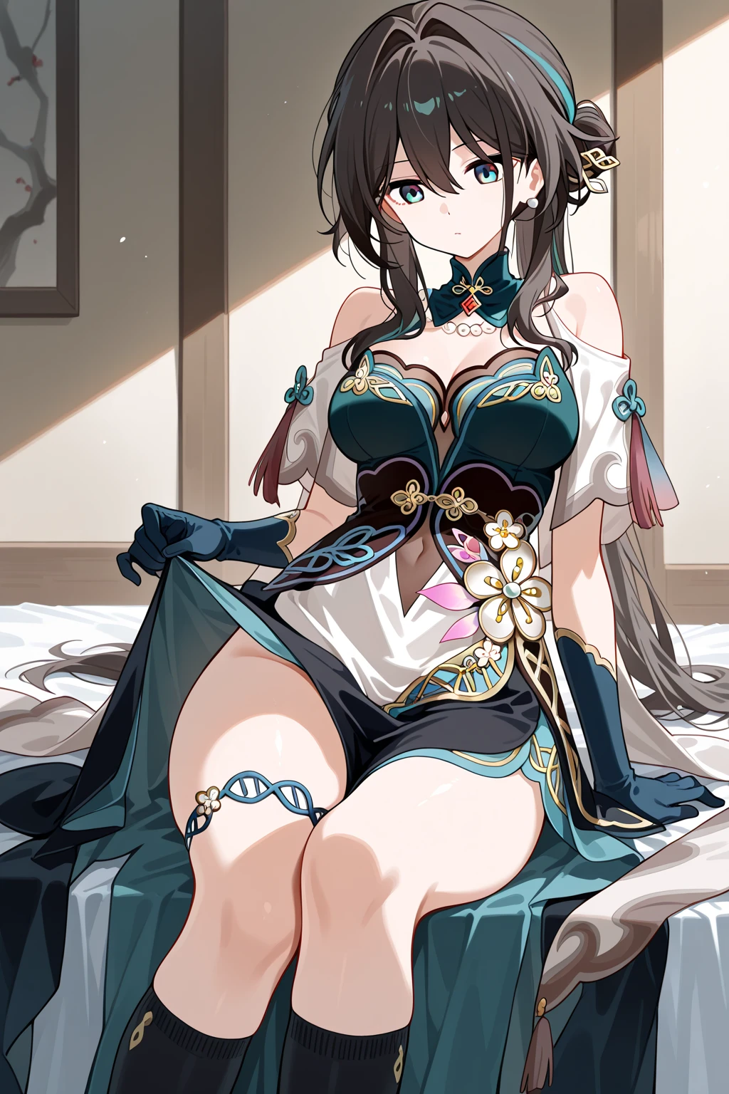 (Best quality,4K,8K,A high resolution,Masterpiece:1.2),Ultra-detailed,teens girl,divino,Enchanted,Seductive pose,having fun,Being in love,pale robe,intricate detailed clothes,Pattern,swimming uniform,inside in room,solo person,